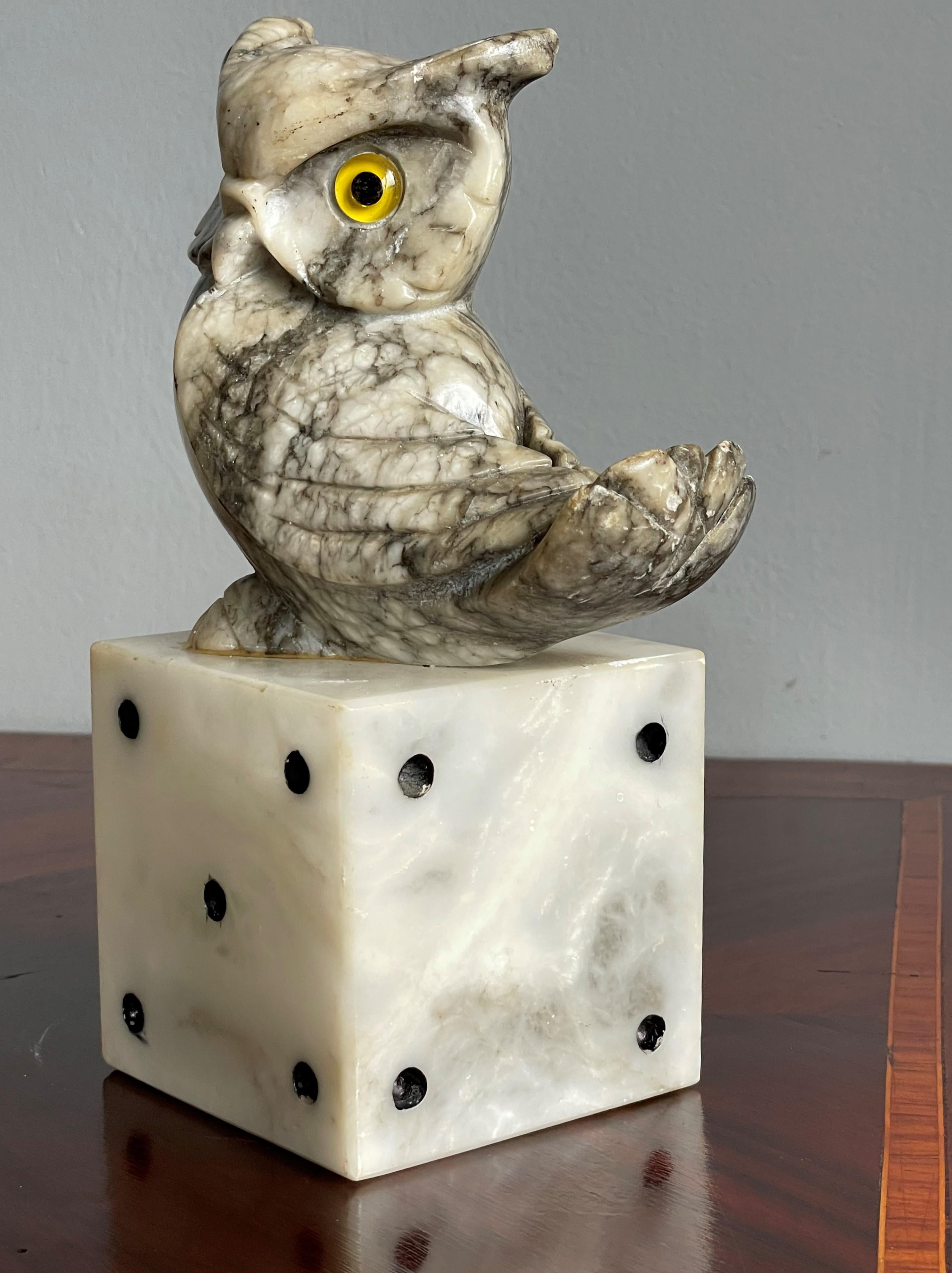 Mid-Century Hand Carved Marble Owl Sculptures with Alabaster Base Bookends 1960s 6