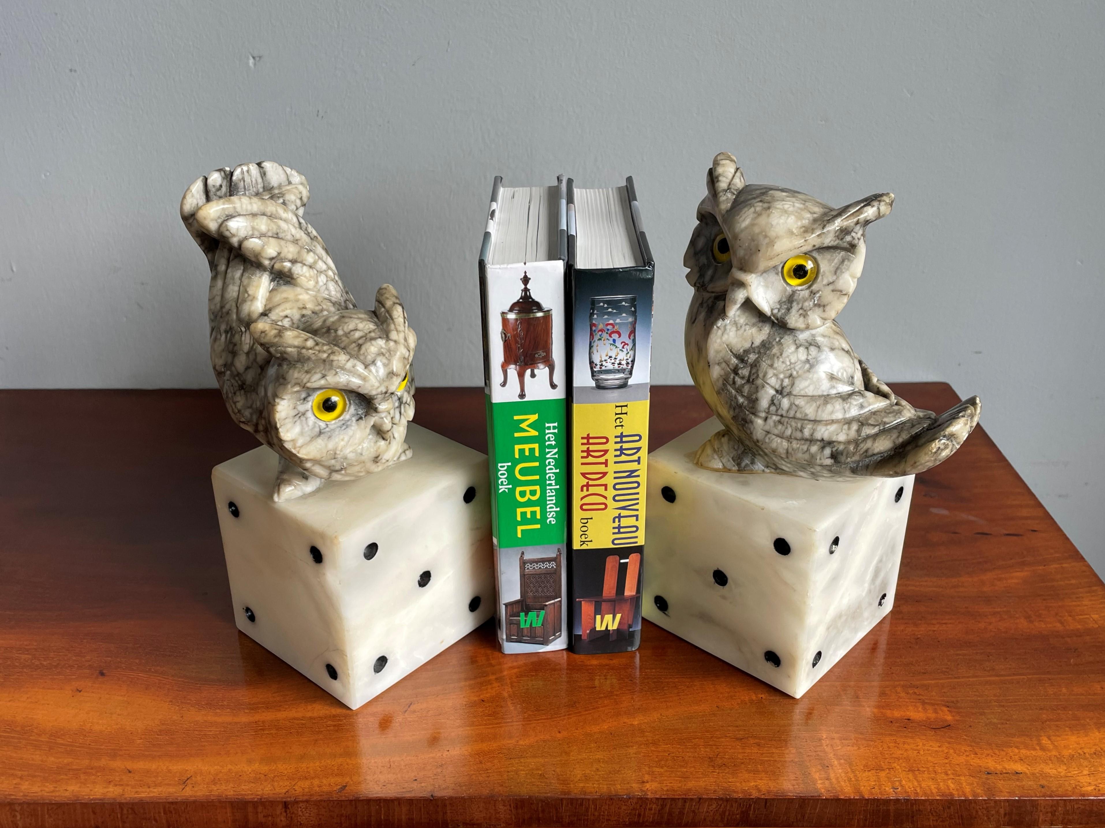 Mid-Century Hand Carved Marble Owl Sculptures with Alabaster Base Bookends 1960s 7