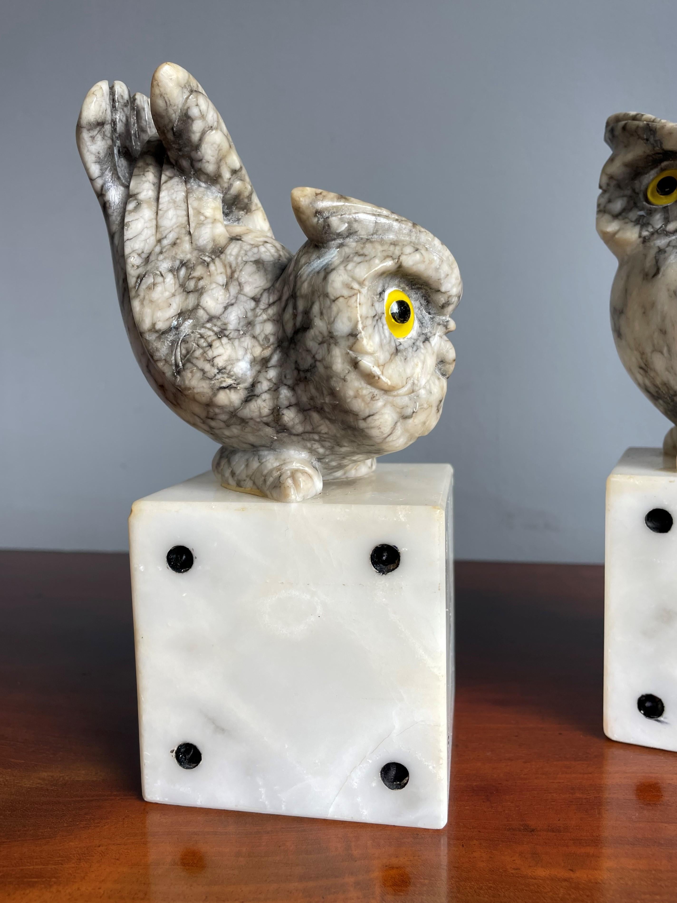 Mid-Century Hand Carved Marble Owl Sculptures with Alabaster Base Bookends 1960s 8