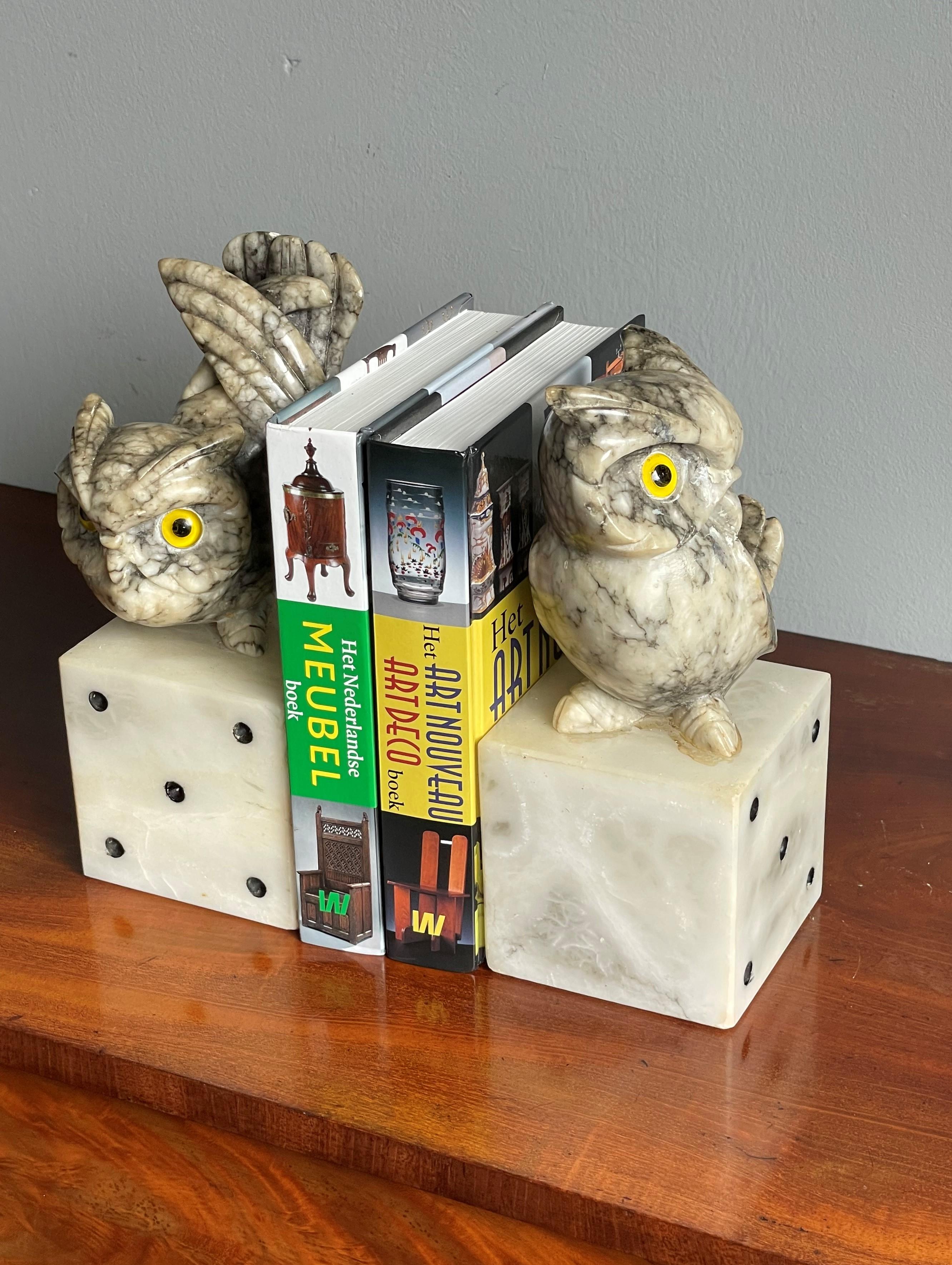 Mid-Century Hand Carved Marble Owl Sculptures with Alabaster Base Bookends 1960s 9