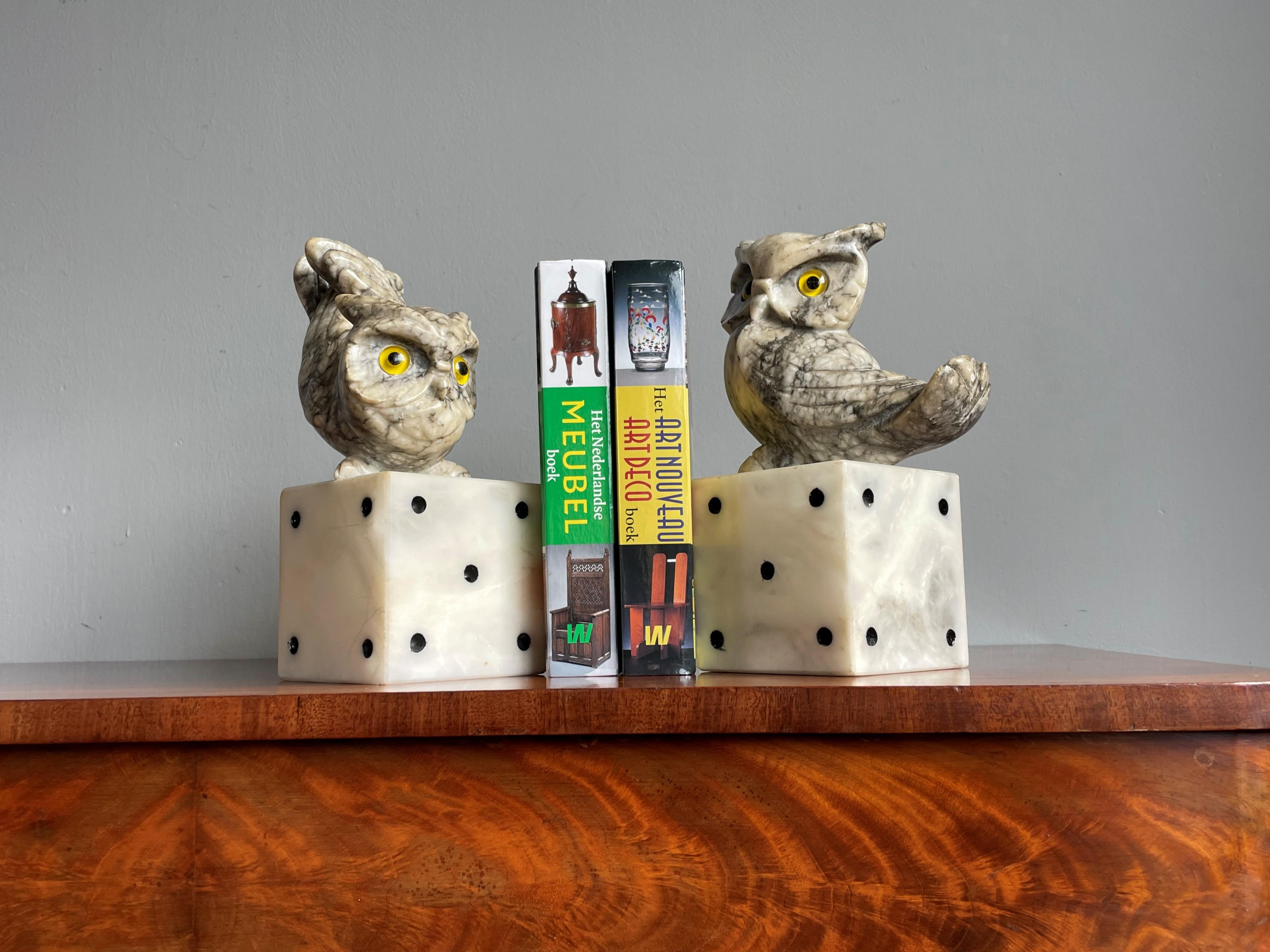 Mid-Century Hand Carved Marble Owl Sculptures with Alabaster Base Bookends 1960s 9