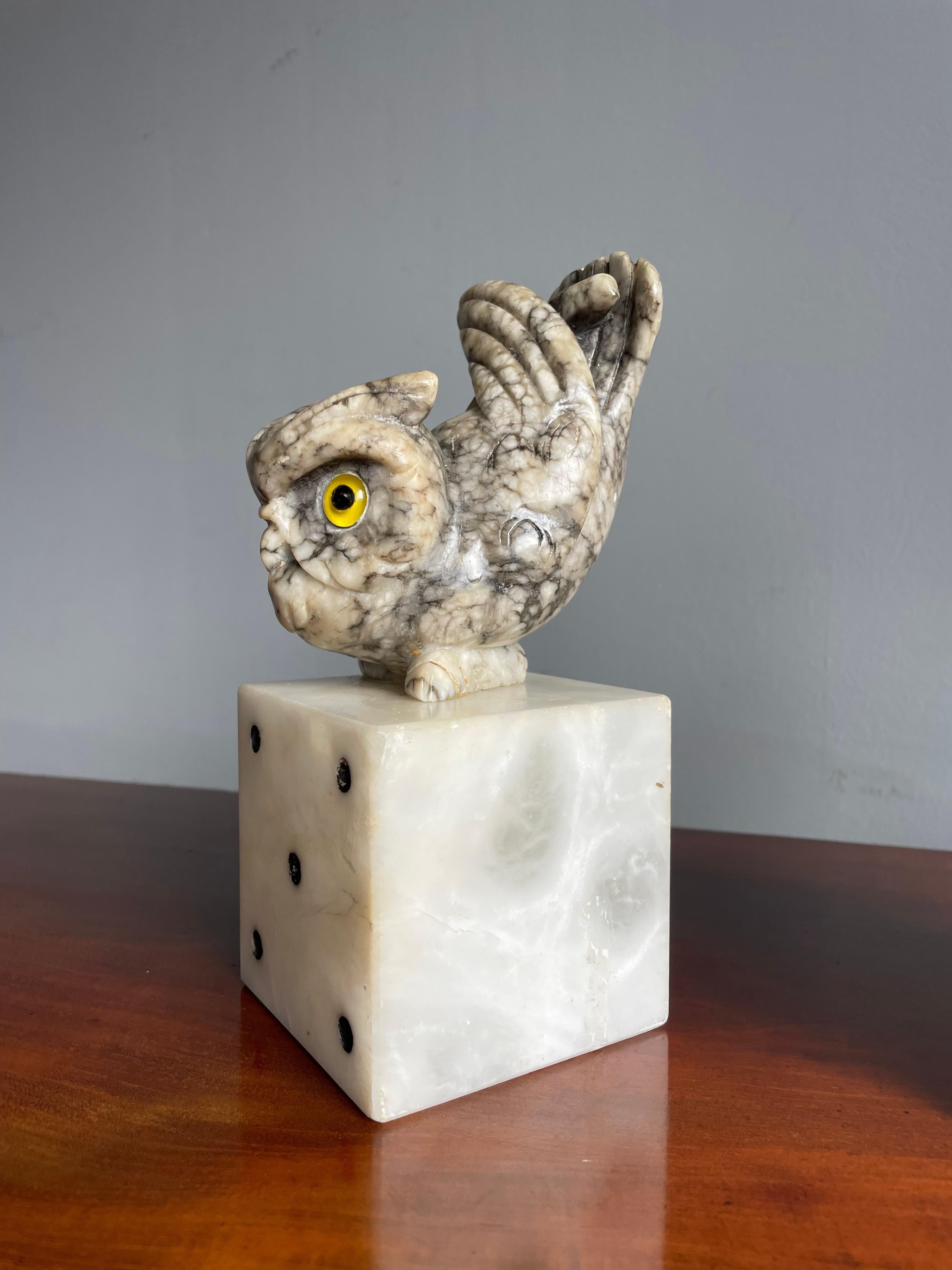 Mid-Century Modern Mid-Century Hand Carved Marble Owl Sculptures with Alabaster Base Bookends 1960s