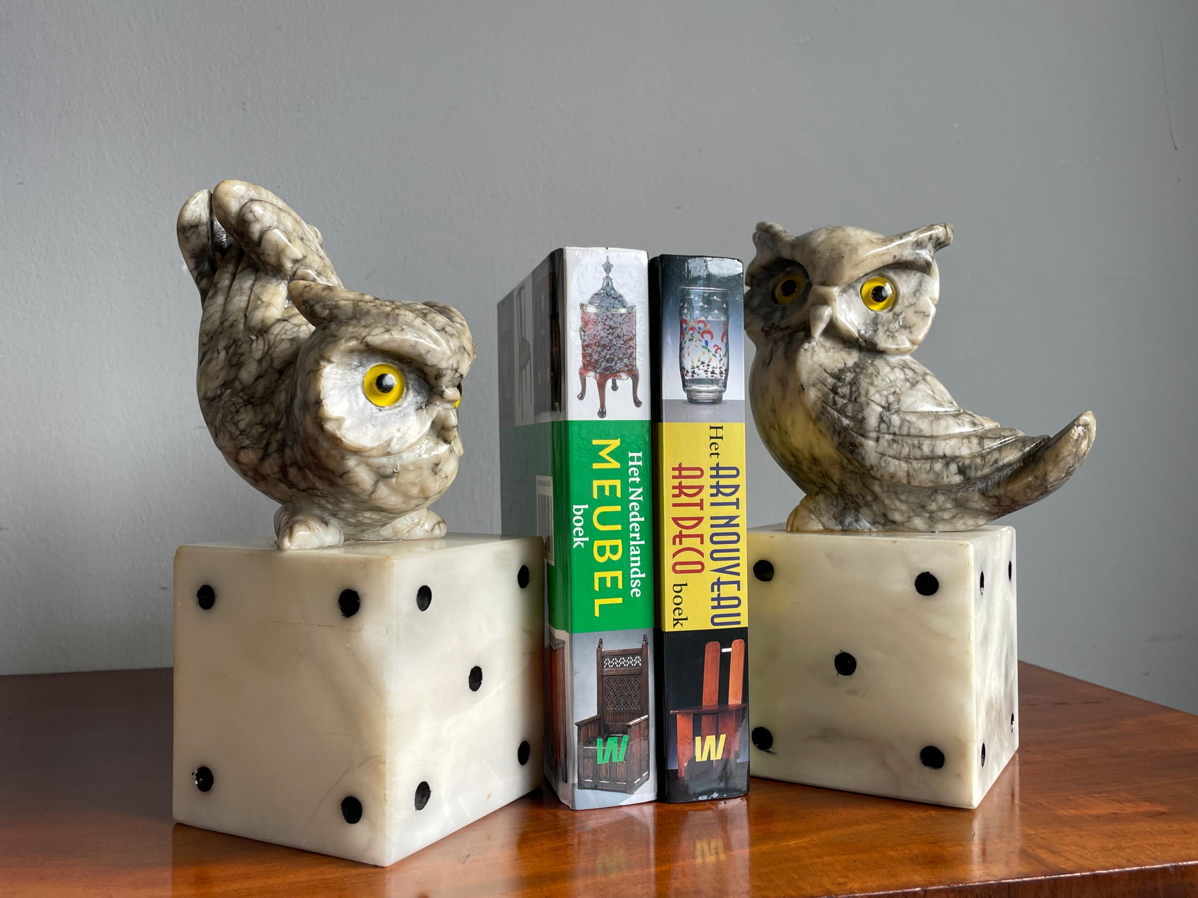 European Mid-Century Hand Carved Marble Owl Sculptures with Alabaster Base Bookends 1960s