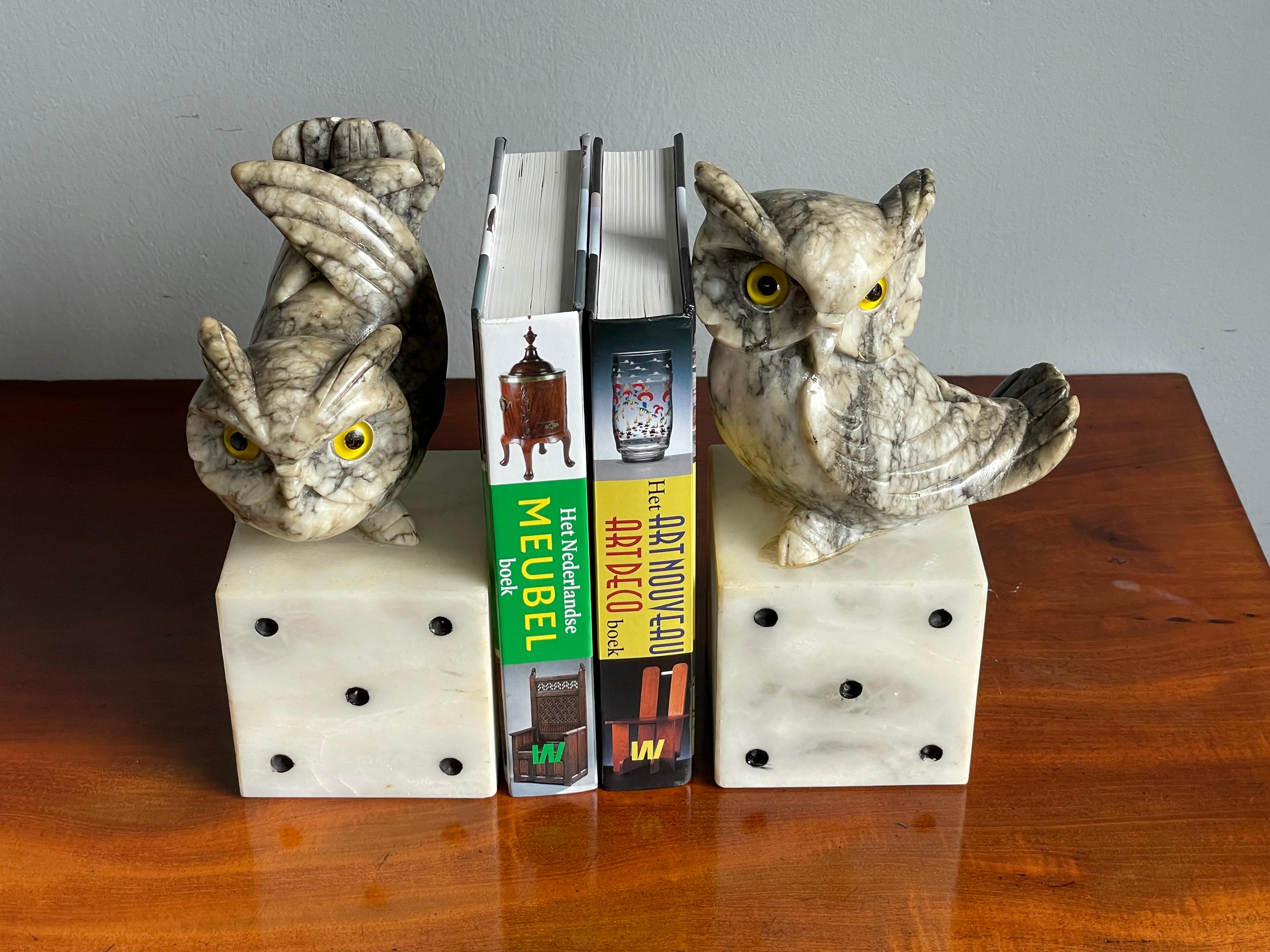 Hand-Carved Mid-Century Hand Carved Marble Owl Sculptures with Alabaster Base Bookends 1960s