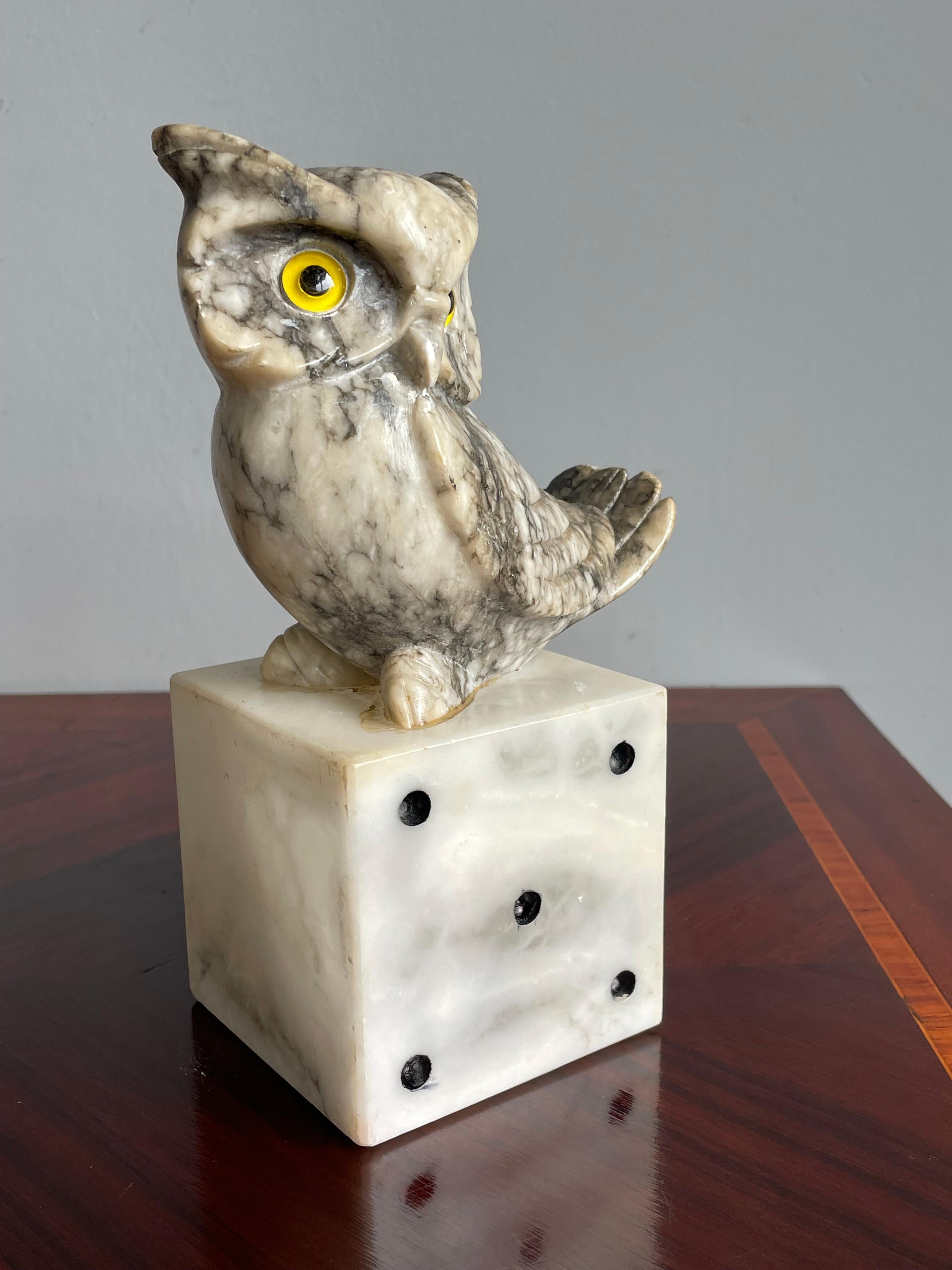 Mid-Century Hand Carved Marble Owl Sculptures with Alabaster Base Bookends 1960s In Good Condition In Lisse, NL