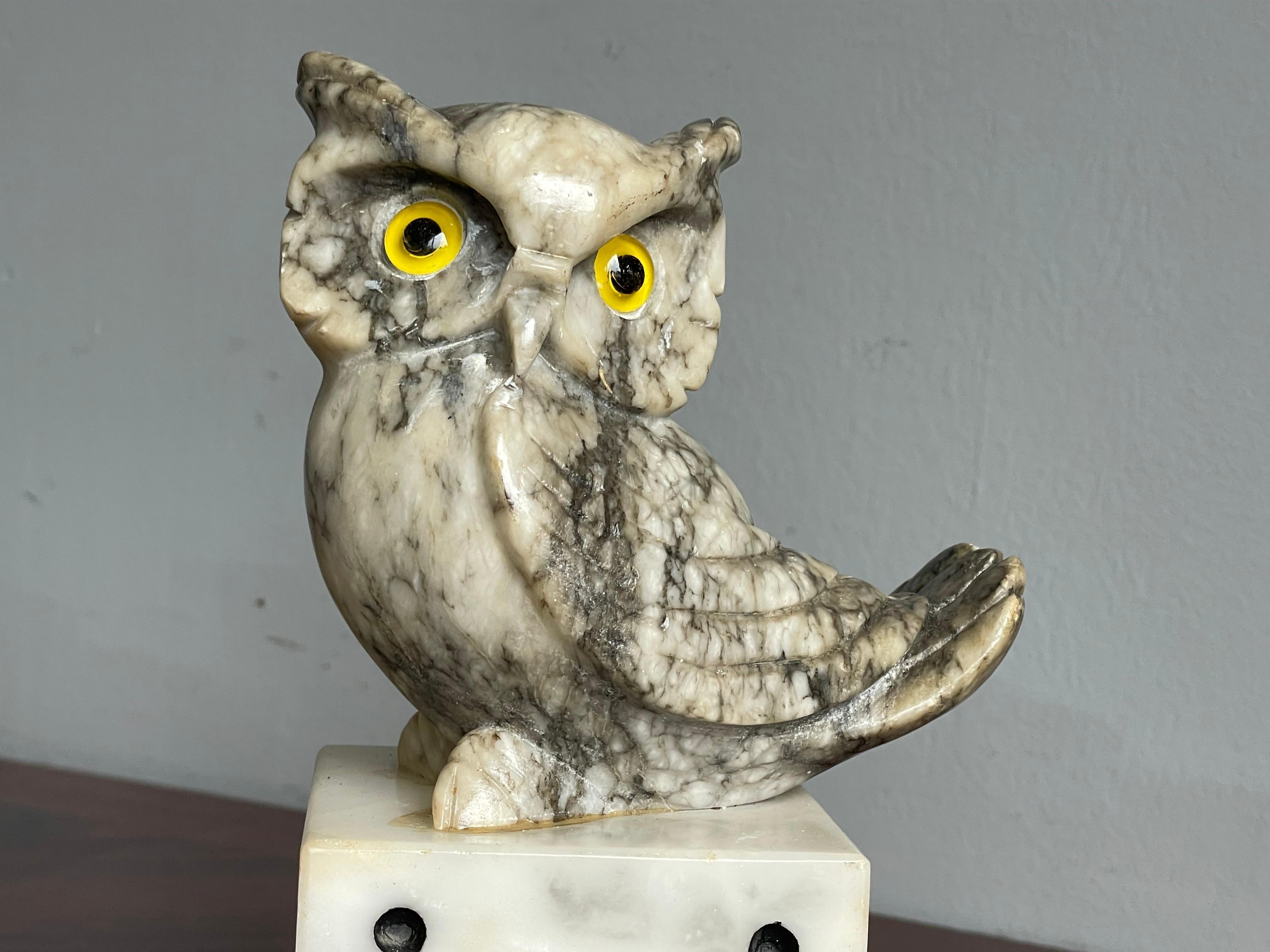 20th Century Mid-Century Hand Carved Marble Owl Sculptures with Alabaster Base Bookends 1960s