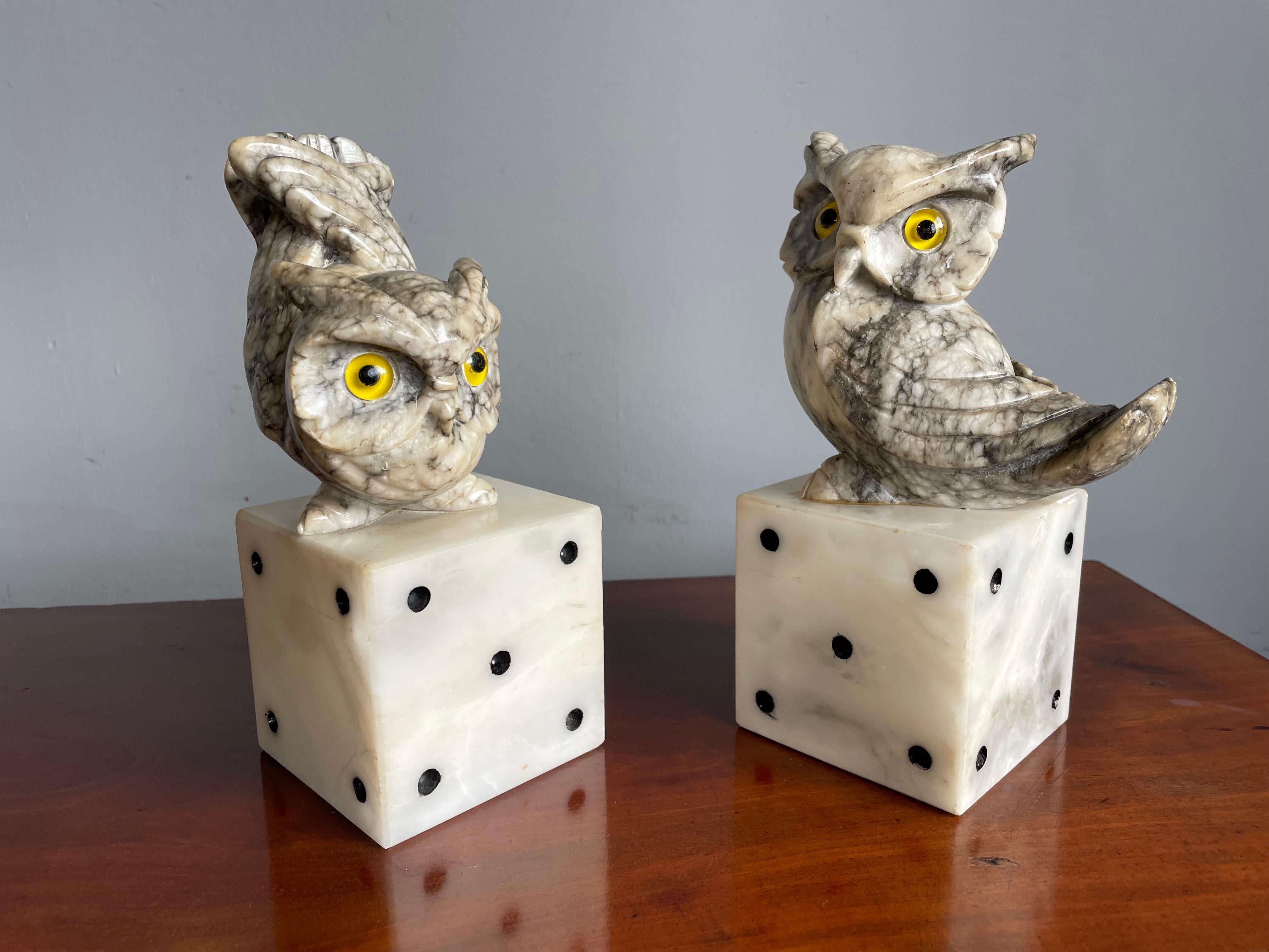 Glass Mid-Century Hand Carved Marble Owl Sculptures with Alabaster Base Bookends 1960s