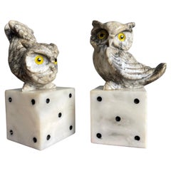 Mid-Century Hand Carved Marble Owl Sculptures with Alabaster Base Bookends 1960s