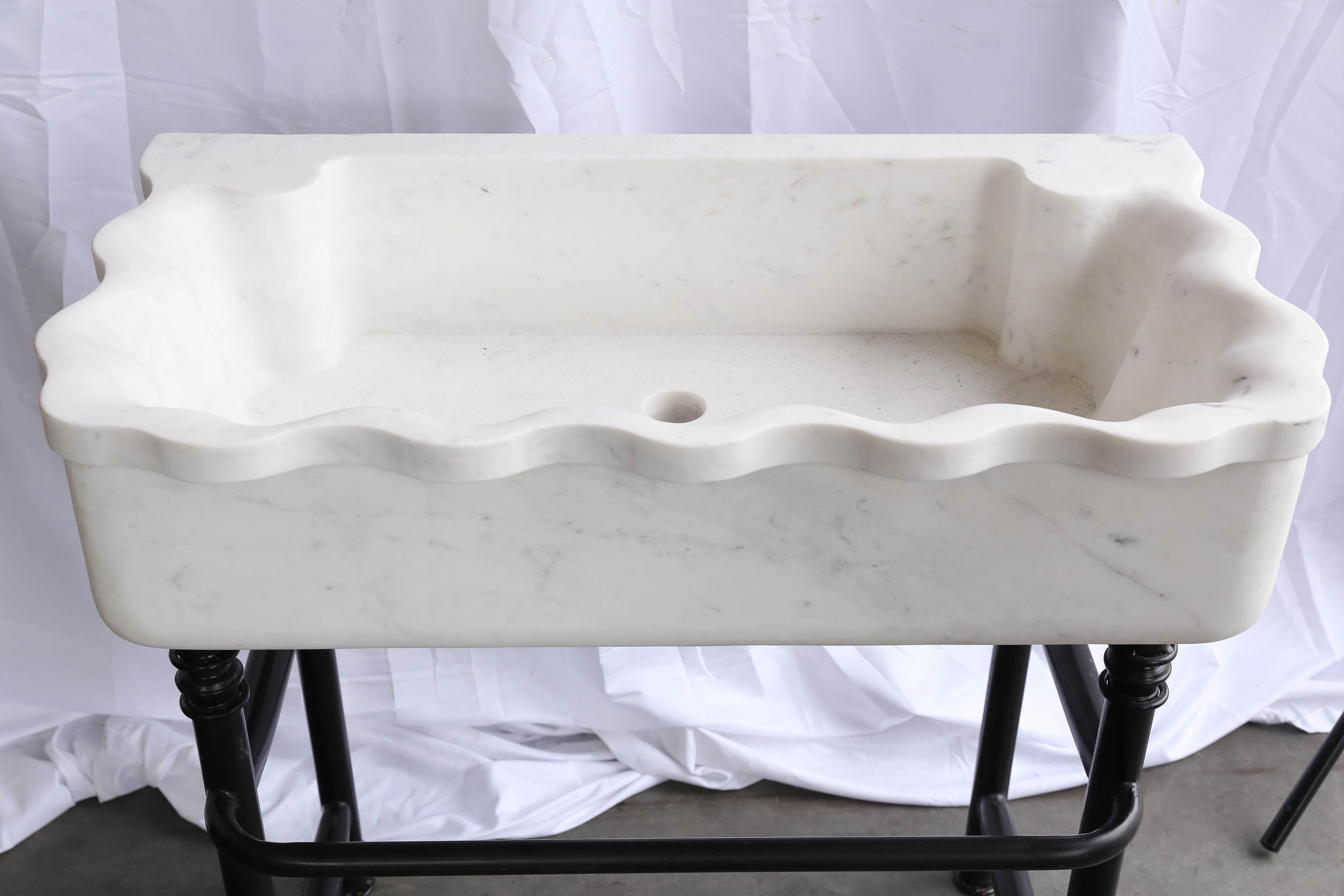 Anglo Raj Midcentury Hand-Carved Marble Sink on Hand-Forged Iron Stand