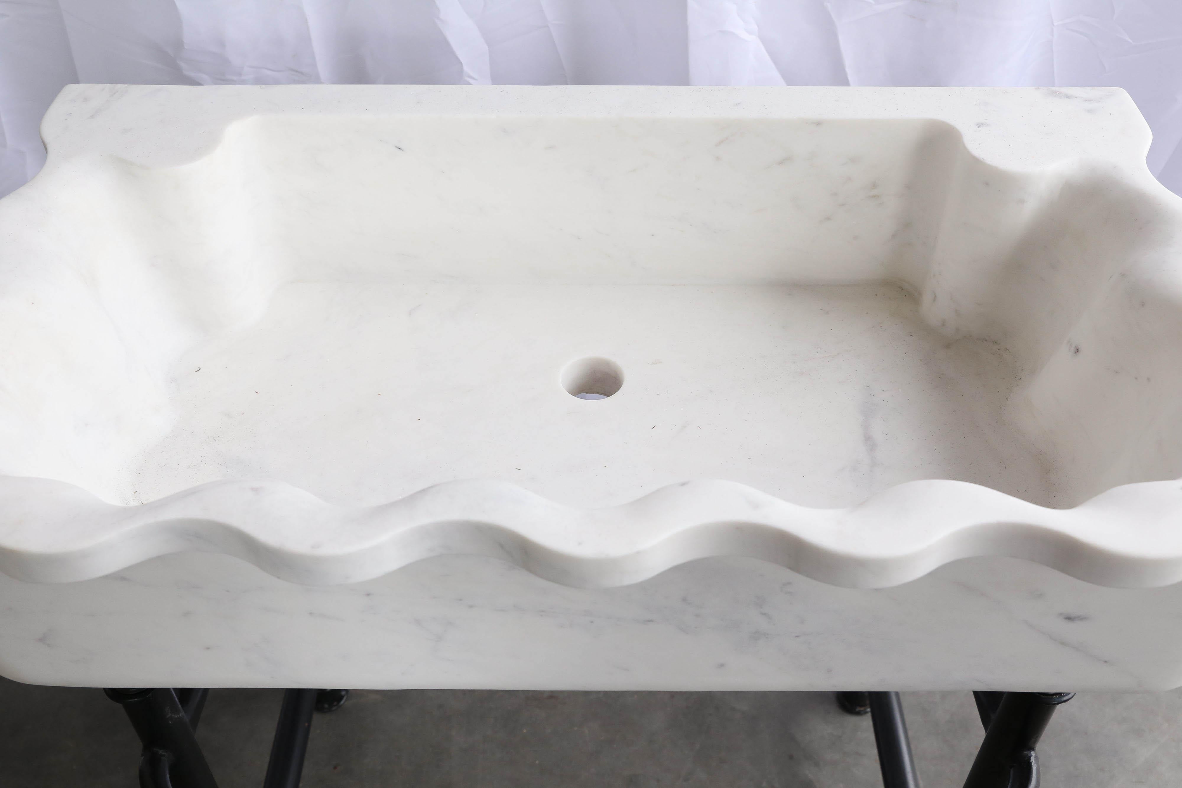 Midcentury Hand-Carved Marble Sink on Hand-Forged Iron Stand 1