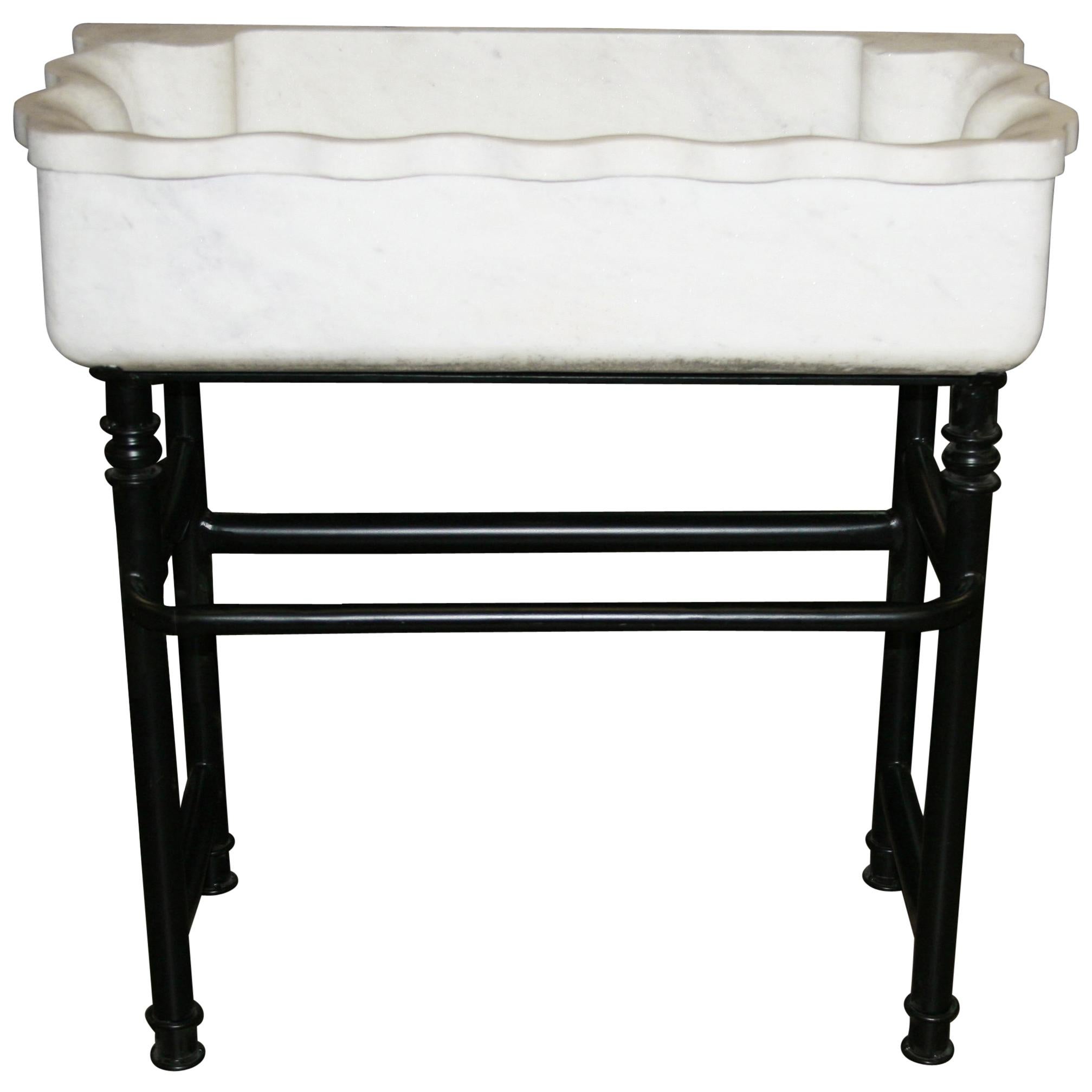 Midcentury Hand-Carved Marble Sink on Hand-Forged Iron Stand