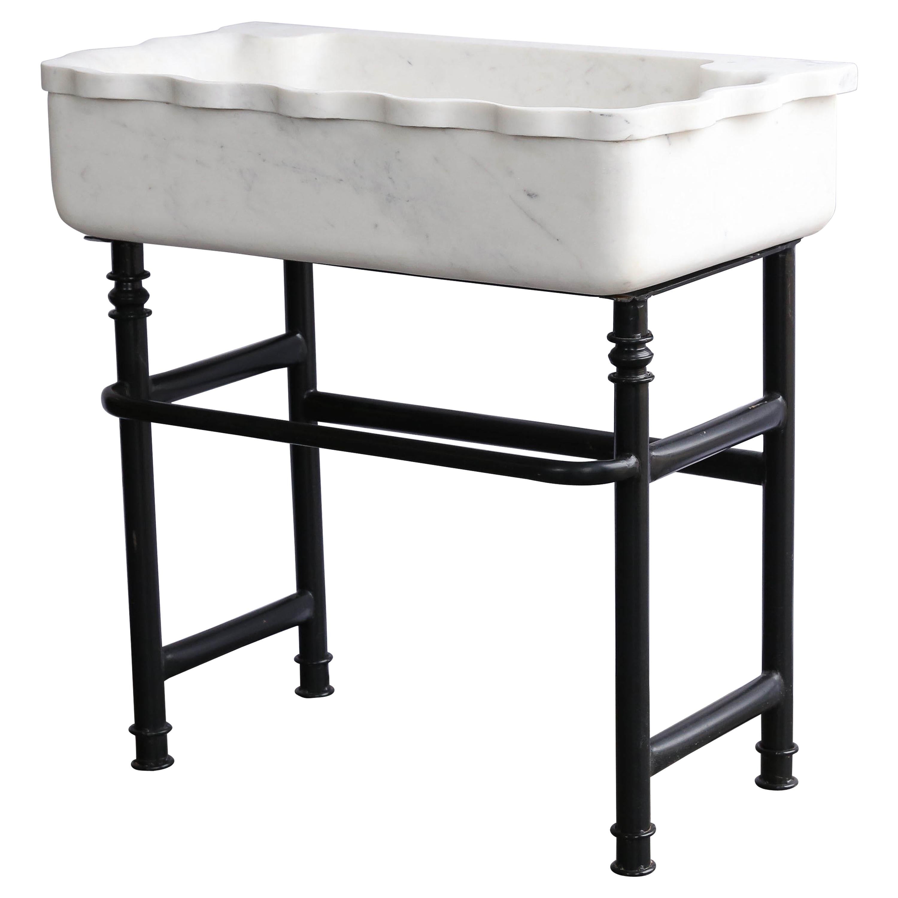 Midcentury Hand-Carved Marble Sink on Hand-Forged Iron Stand