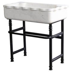 Retro Midcentury Hand-Carved Marble Sink on Hand-Forged Iron Stand
