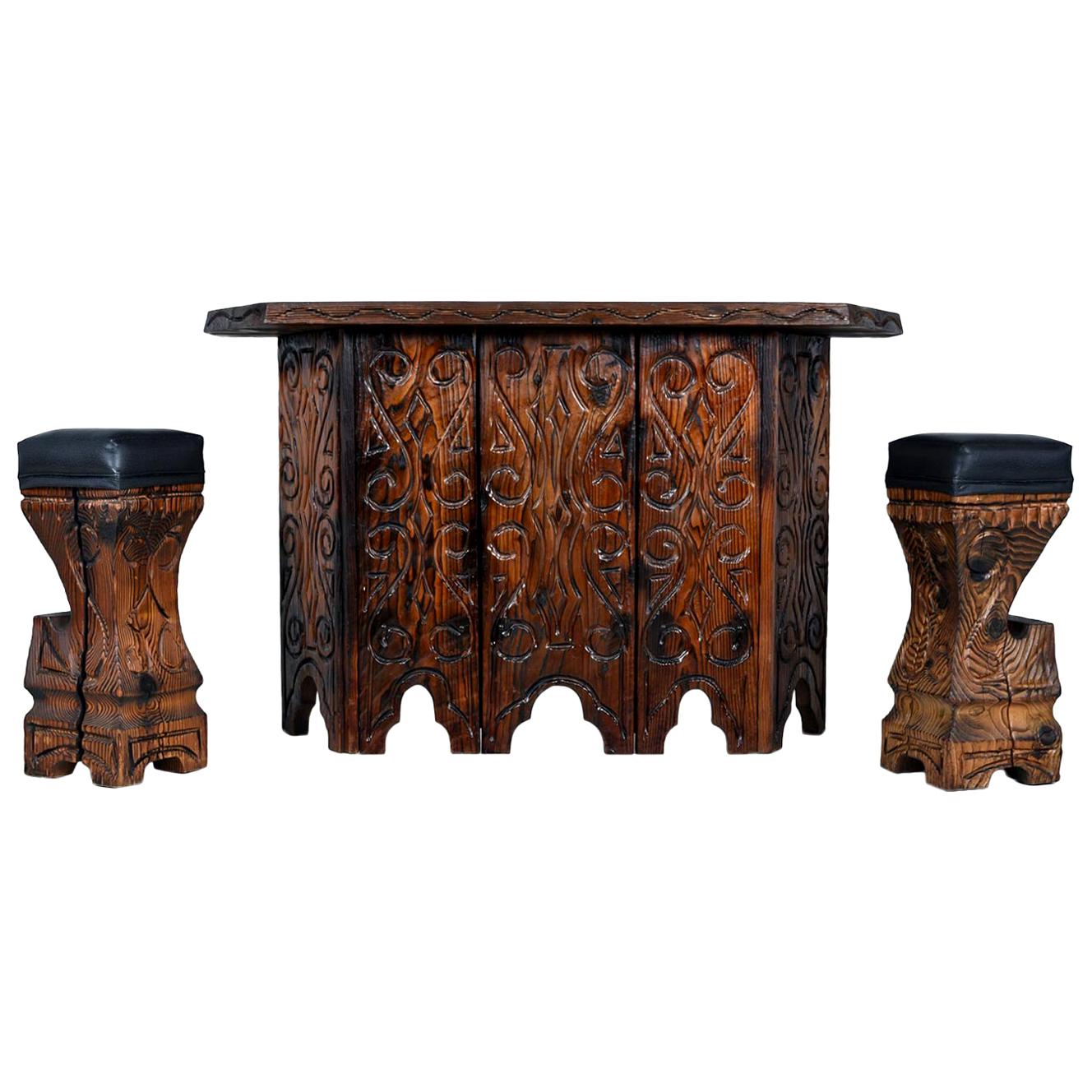 Three 1970s Witco Carved Tiki Bar Stools with Leather Seats at 1stdibs