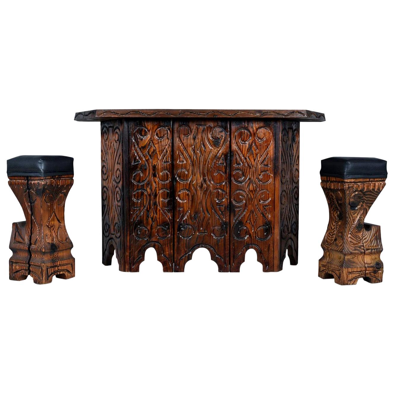 Midcentury Hand Carved Witco Tiki Bar and Barstool Set by William Westenhaver