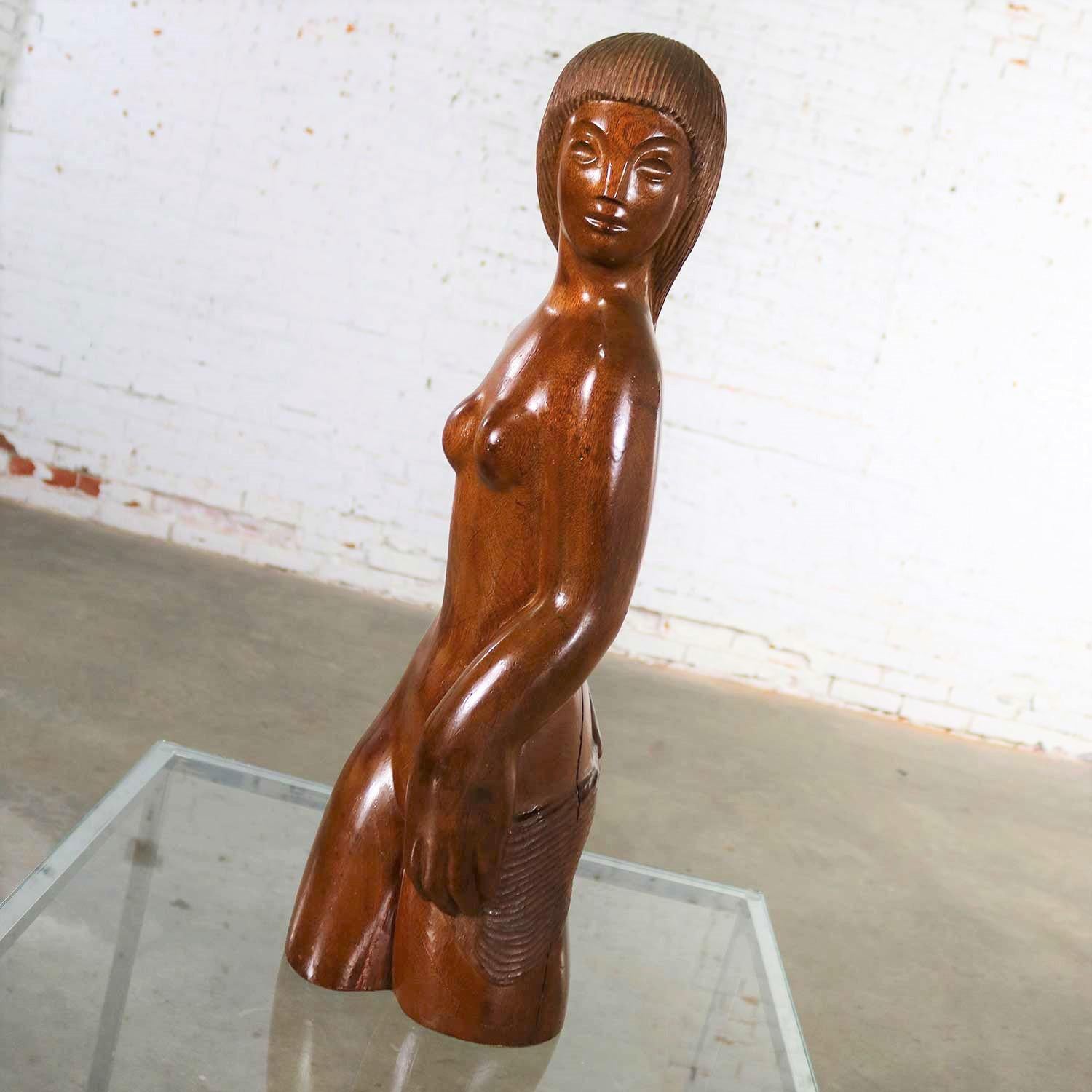 Hand-Carved Midcentury Hand Carved Wood Female Nude Sculpture Large