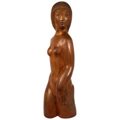 Midcentury Hand Carved Wood Female Nude Sculpture Large