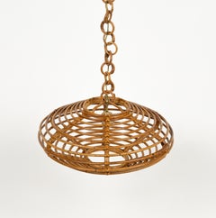Midcentury Hand-Crafted Rattan Chandelier Louis Sognot Style , Italy 1960s