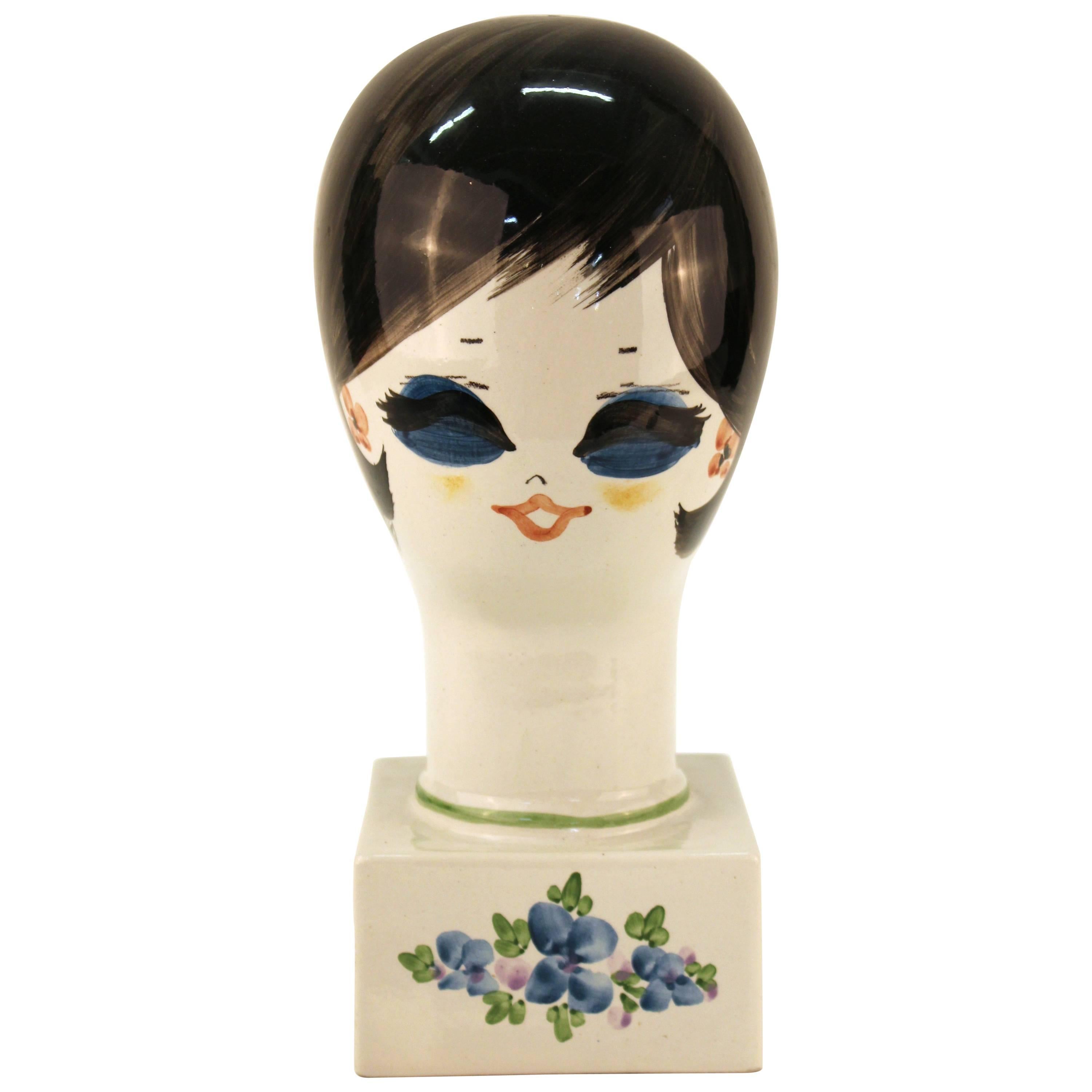 Midcentury HandPainted Ceramic Wig or Hat Stand For Sale at 1stDibs