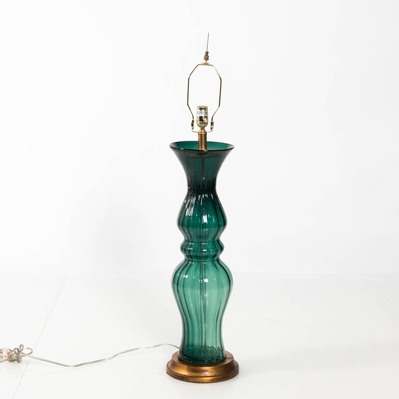 Midcentury Handblown Green Glass Table Lamp In Good Condition In Stamford, CT