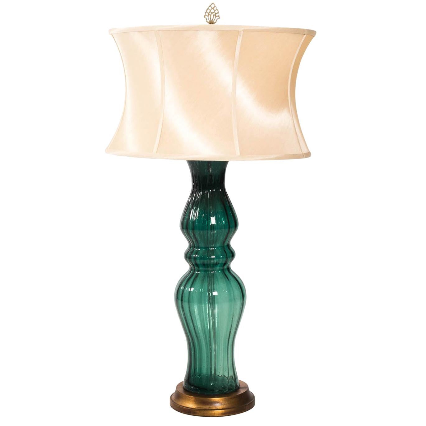 Midcentury Handblown Green Glass Table Lamp
