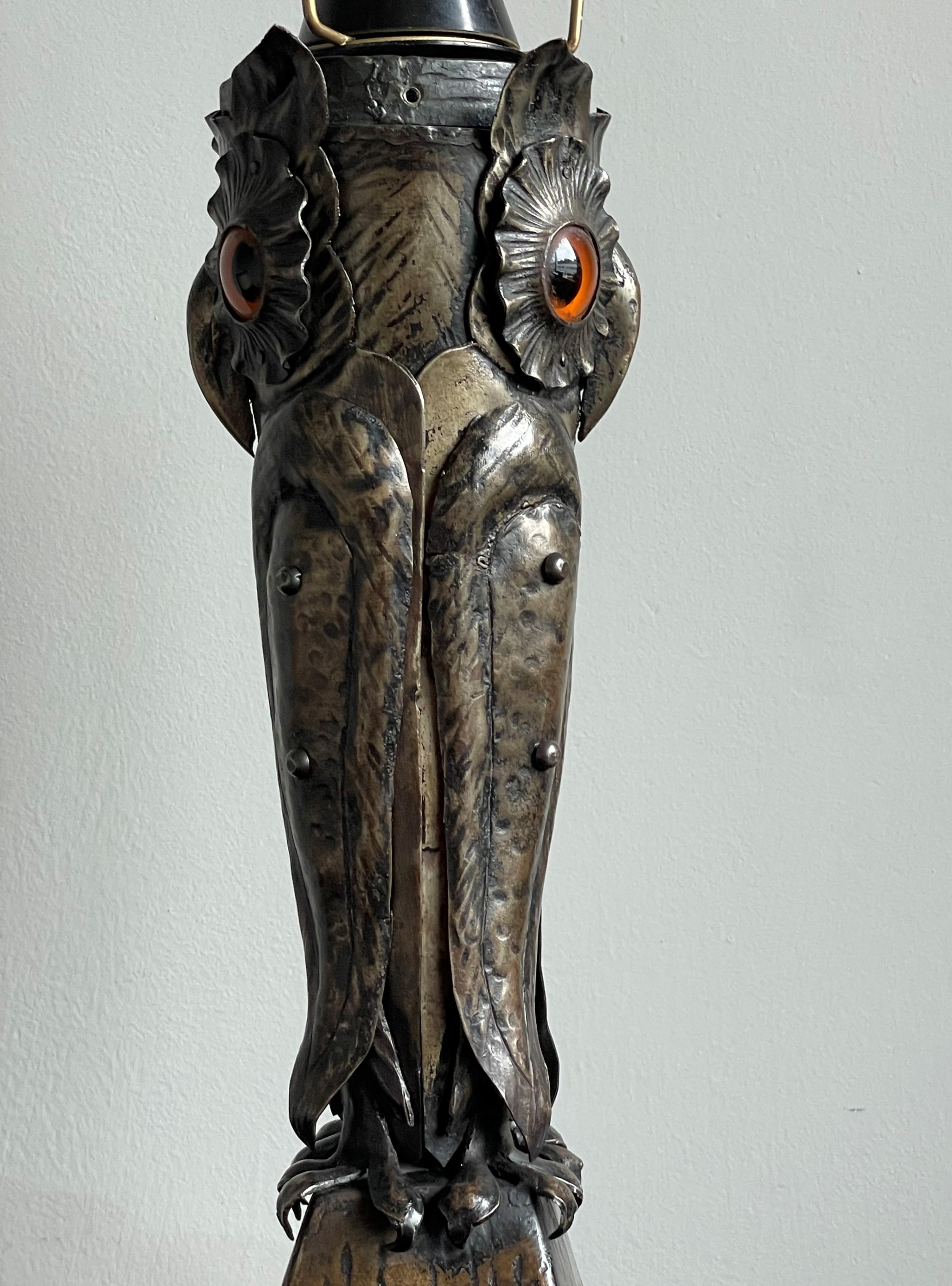 Mid-Century Handcrafted & Blackened Metal Owl with Glass Eyes Table or Desk Lamp 1