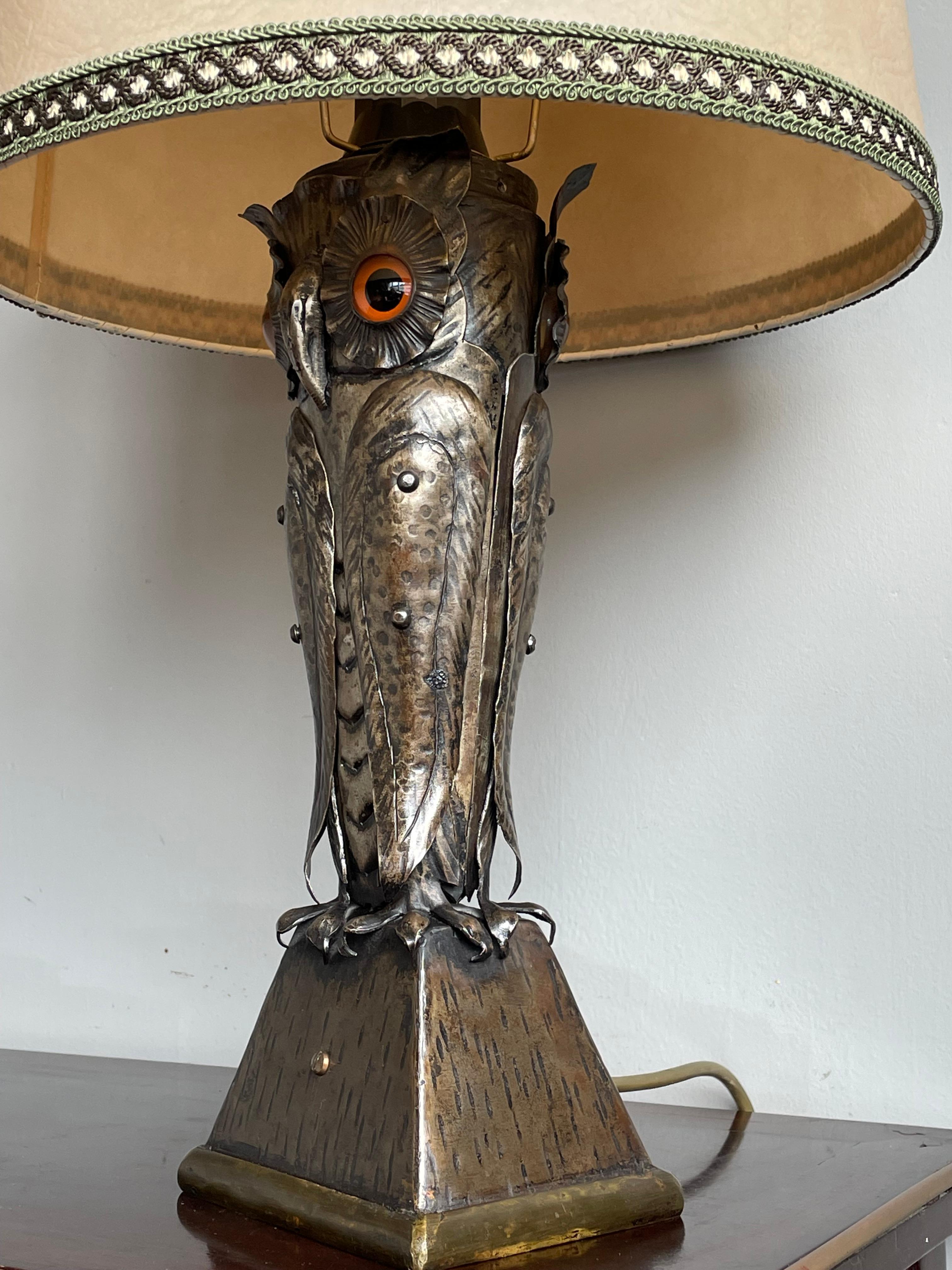 Mid-Century Handcrafted & Blackened Metal Owl with Glass Eyes Table or Desk Lamp 2