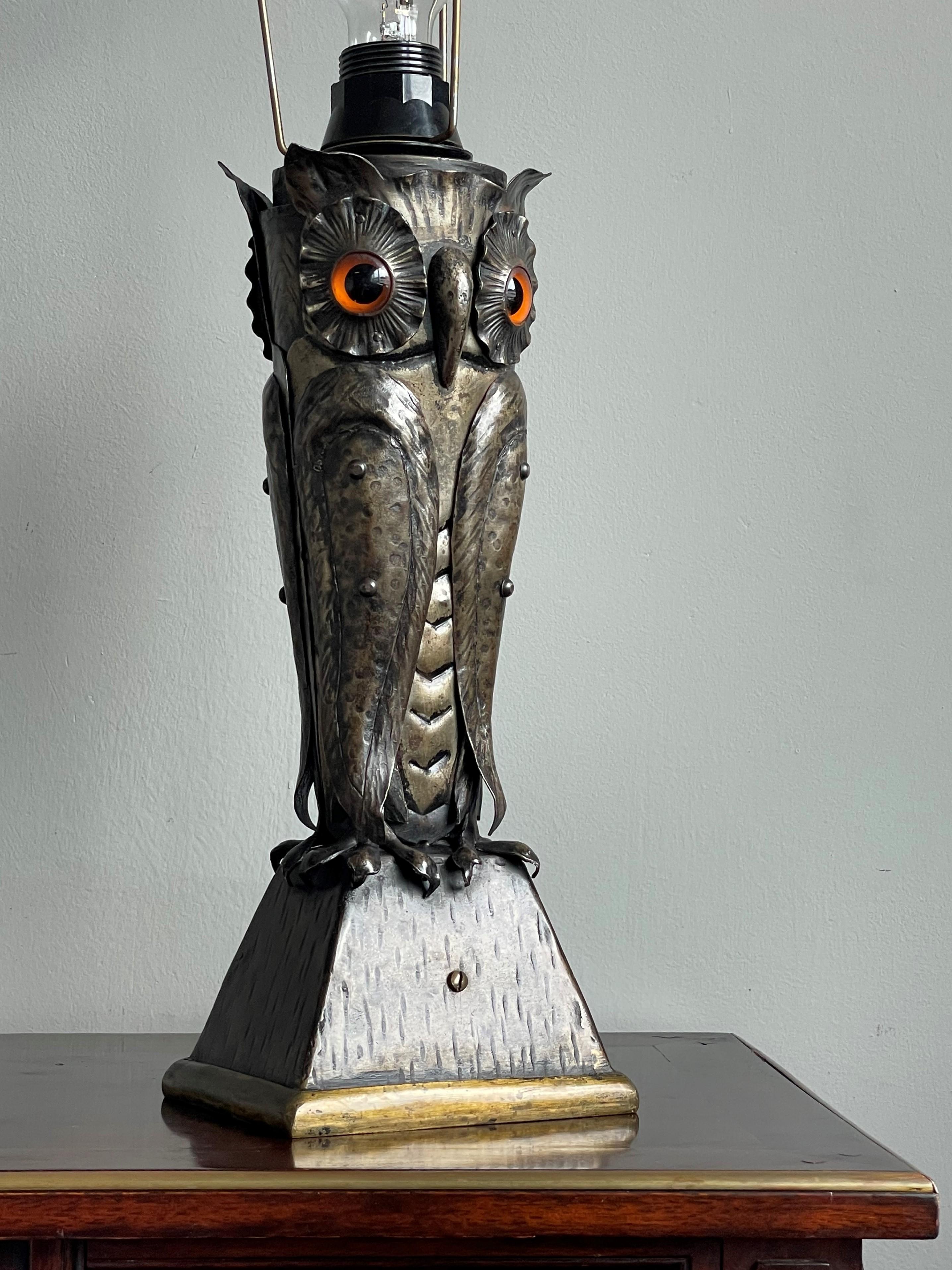 Mid-Century Handcrafted & Blackened Metal Owl with Glass Eyes Table or Desk Lamp 4