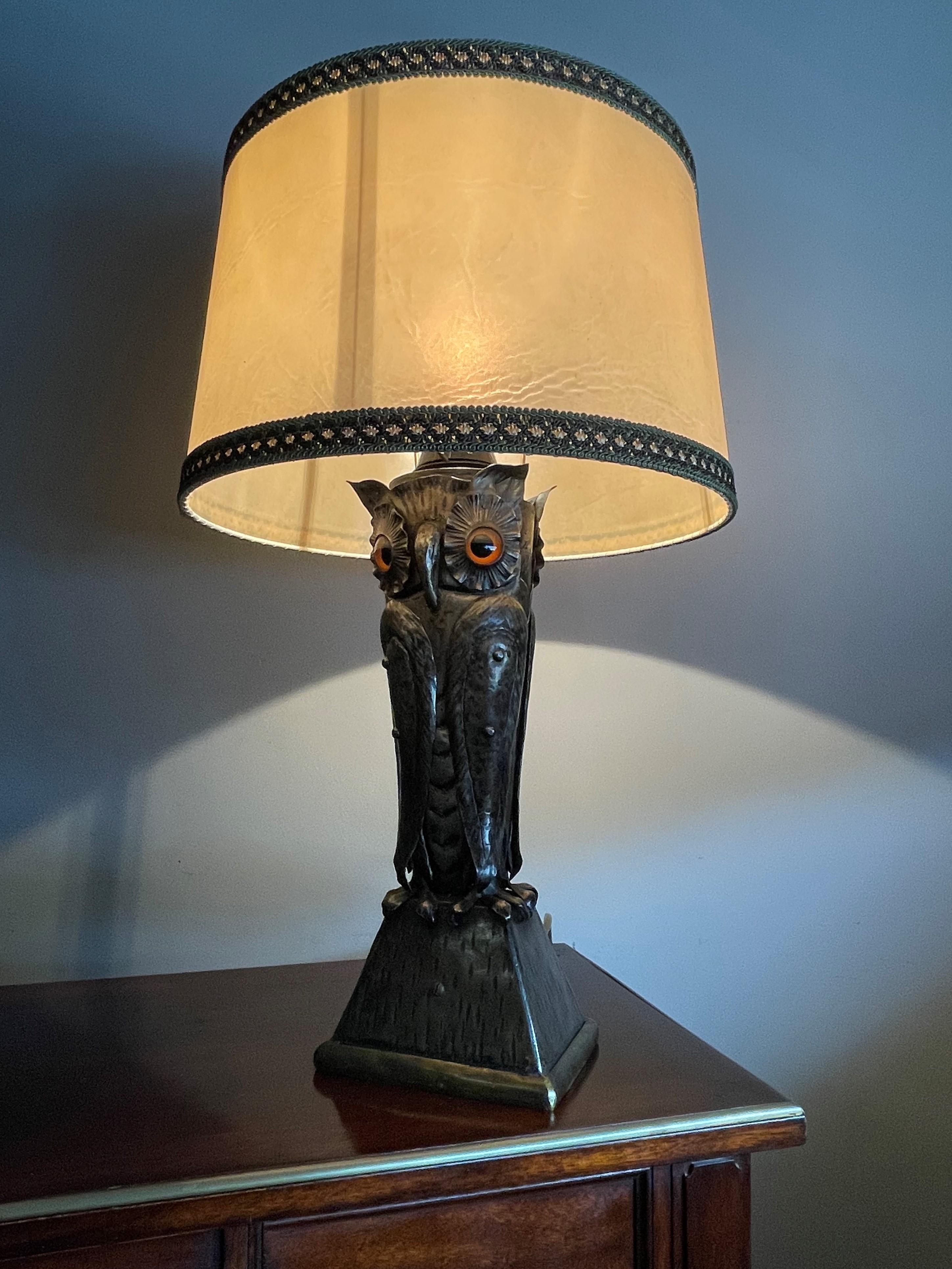 Mid-Century Handcrafted & Blackened Metal Owl with Glass Eyes Table or Desk Lamp 6
