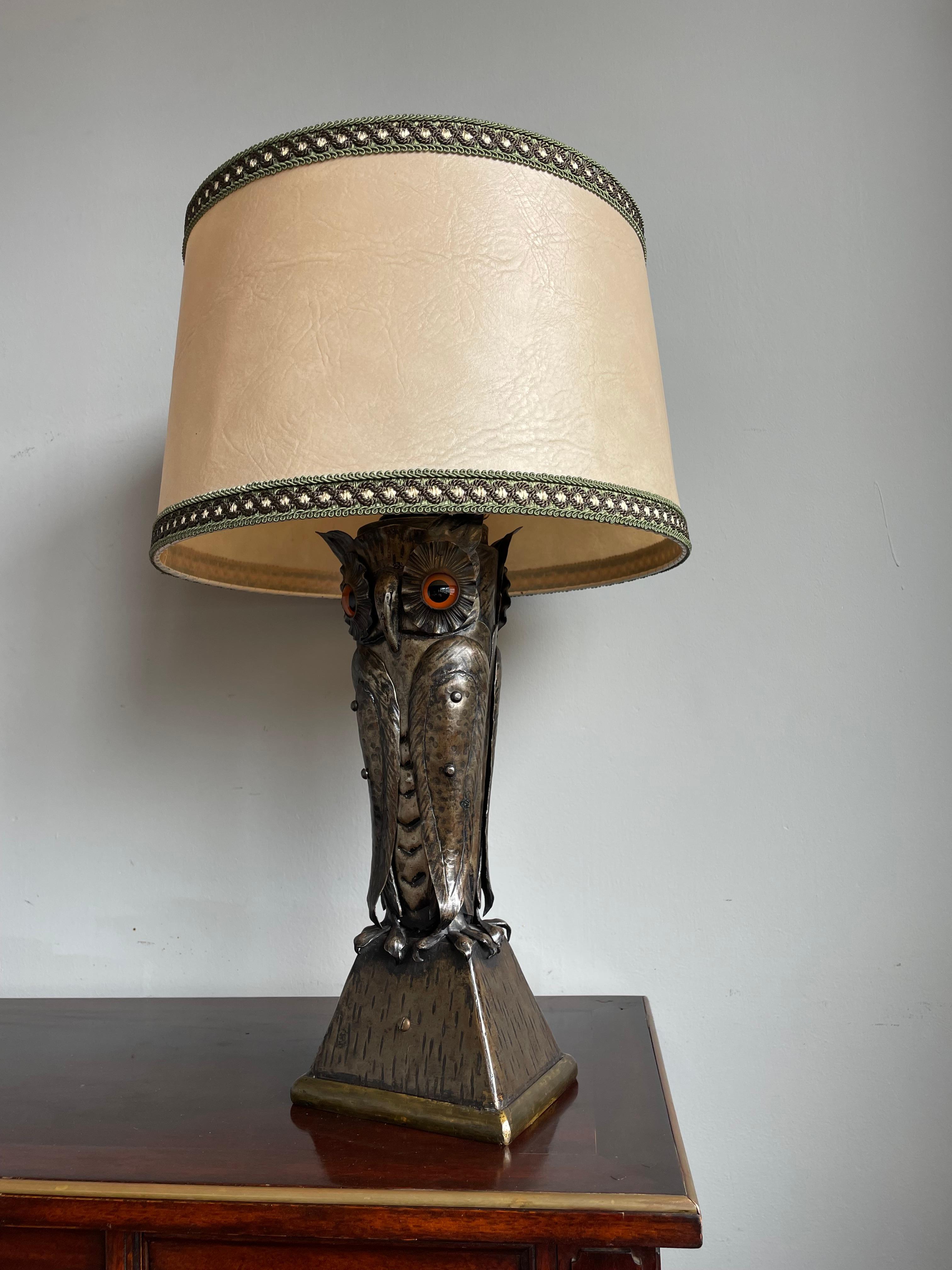 German Mid-Century Handcrafted & Blackened Metal Owl with Glass Eyes Table or Desk Lamp
