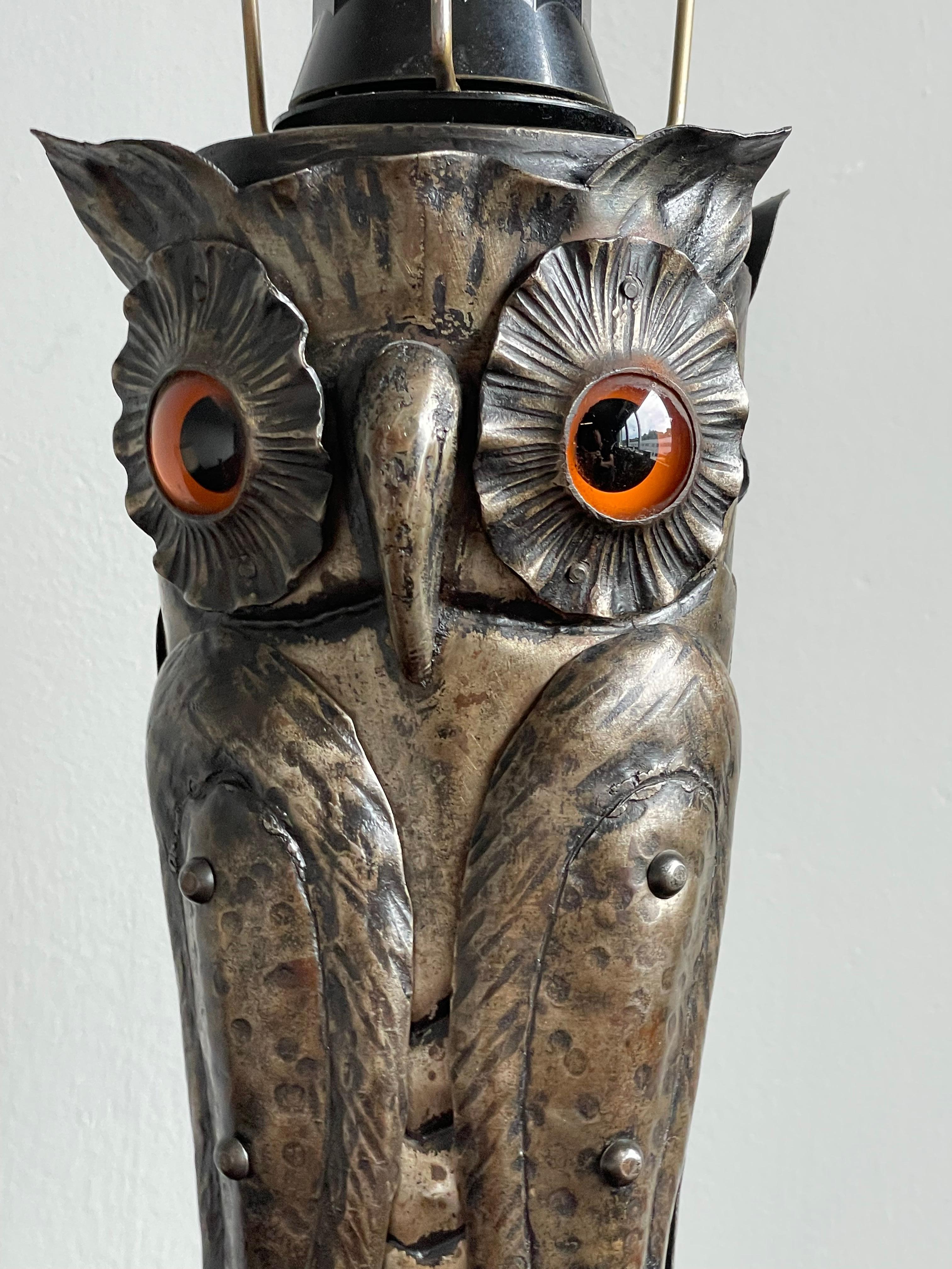 20th Century Mid-Century Handcrafted & Blackened Metal Owl with Glass Eyes Table or Desk Lamp