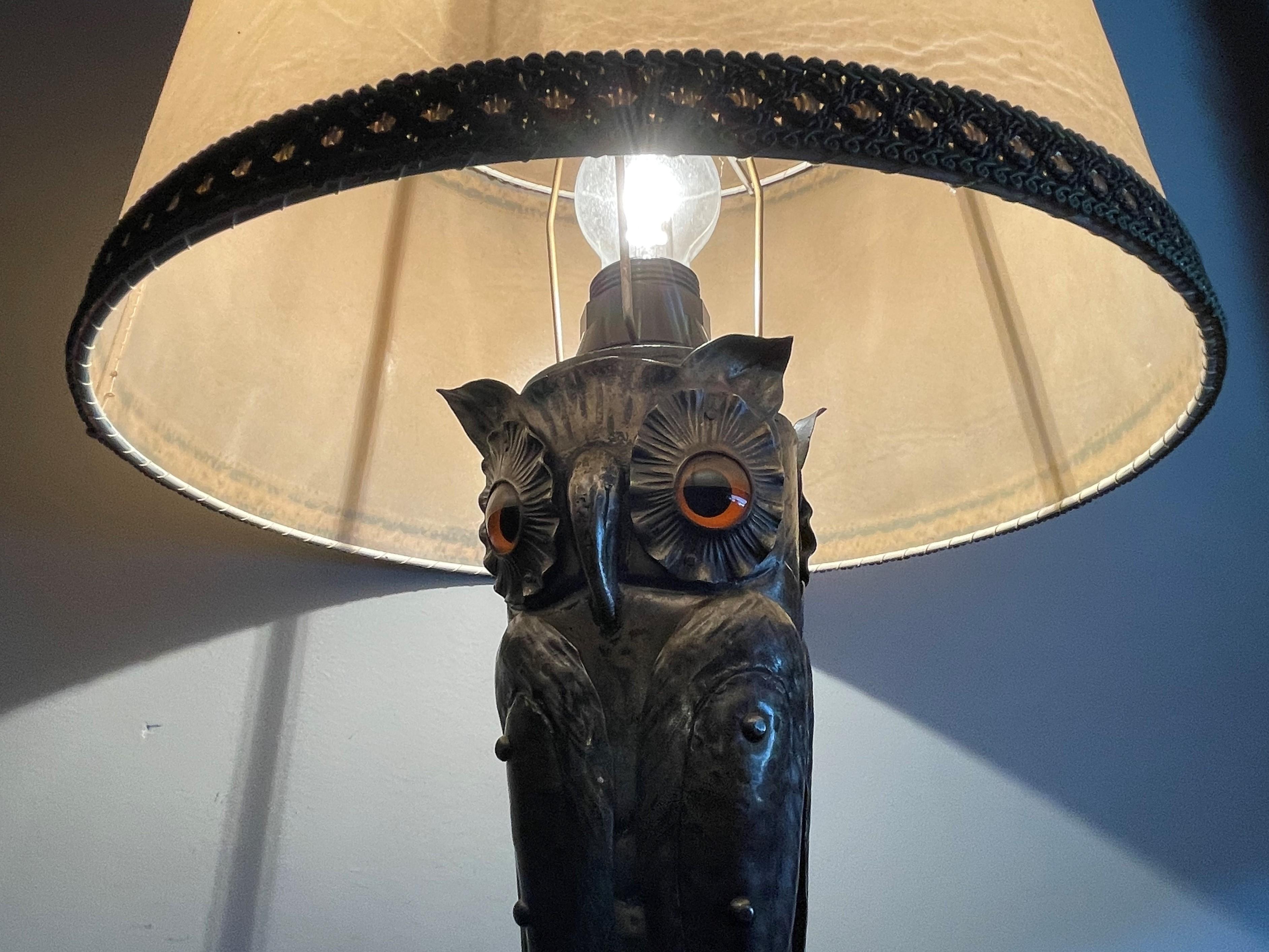 Wrought Iron Mid-Century Handcrafted & Blackened Metal Owl with Glass Eyes Table or Desk Lamp