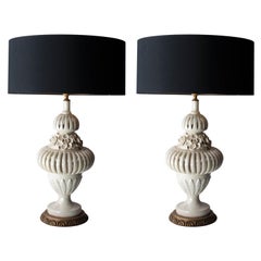 Midcentury Handcrafted Manises Ceramic Iridescent White Table Lamps, Spain, 1960