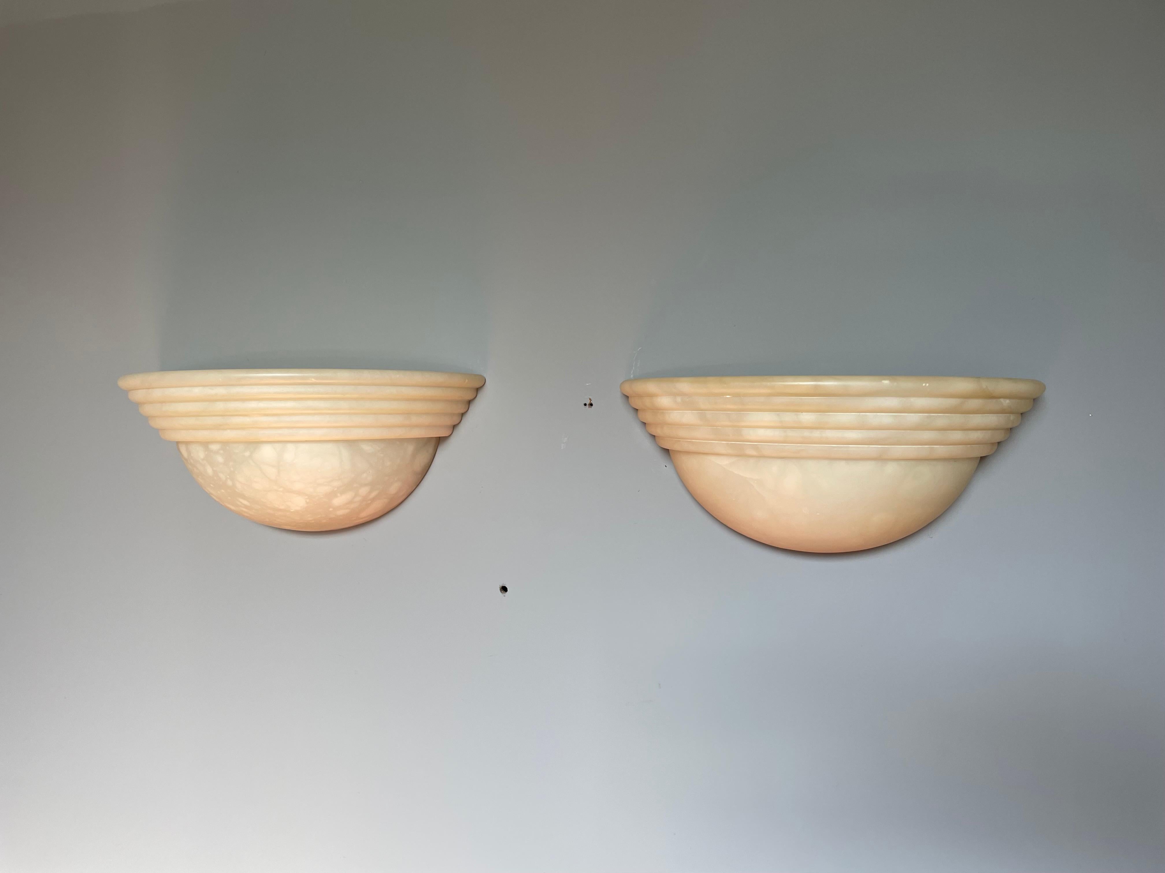 European Midcentury Handcrafted Pair of Art Deco Style Alabaster Wall Lights or Sconces