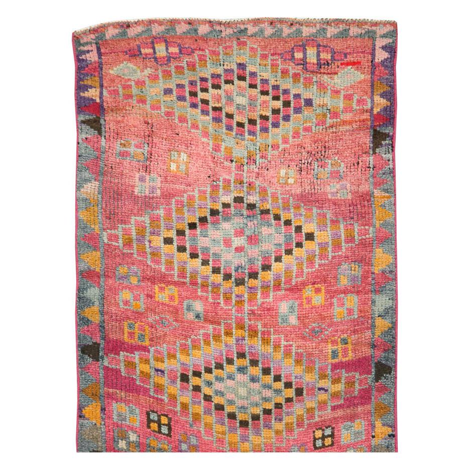 Modern Midcentury Handmade Colorful Oushak Runner with Tribal Design For Sale