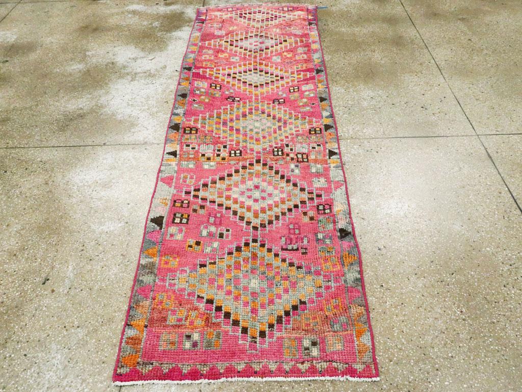 Turkish Midcentury Handmade Colorful Oushak Runner with Tribal Design For Sale