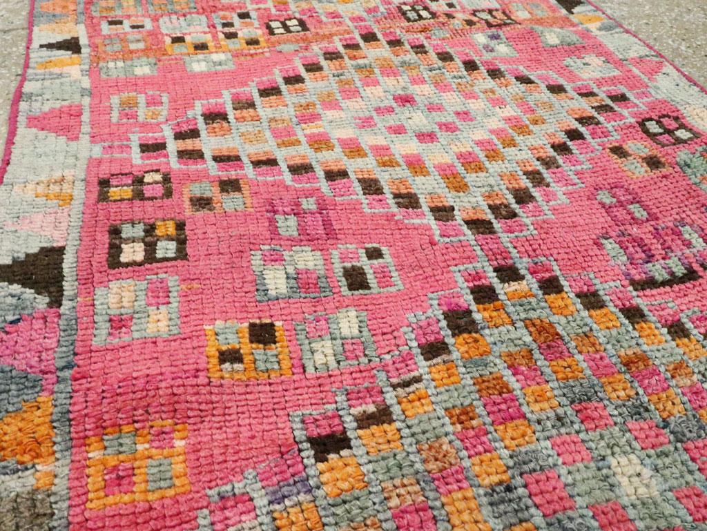 Hand-Knotted Midcentury Handmade Colorful Oushak Runner with Tribal Design For Sale