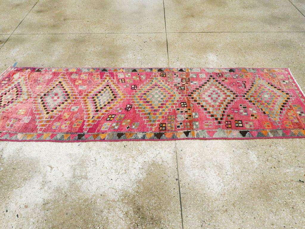 Midcentury Handmade Colorful Oushak Runner with Tribal Design In Good Condition For Sale In New York, NY