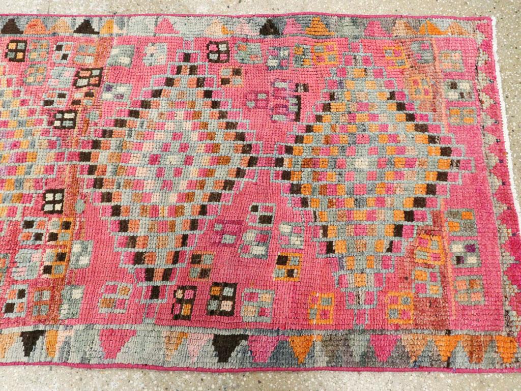 Wool Midcentury Handmade Colorful Oushak Runner with Tribal Design For Sale