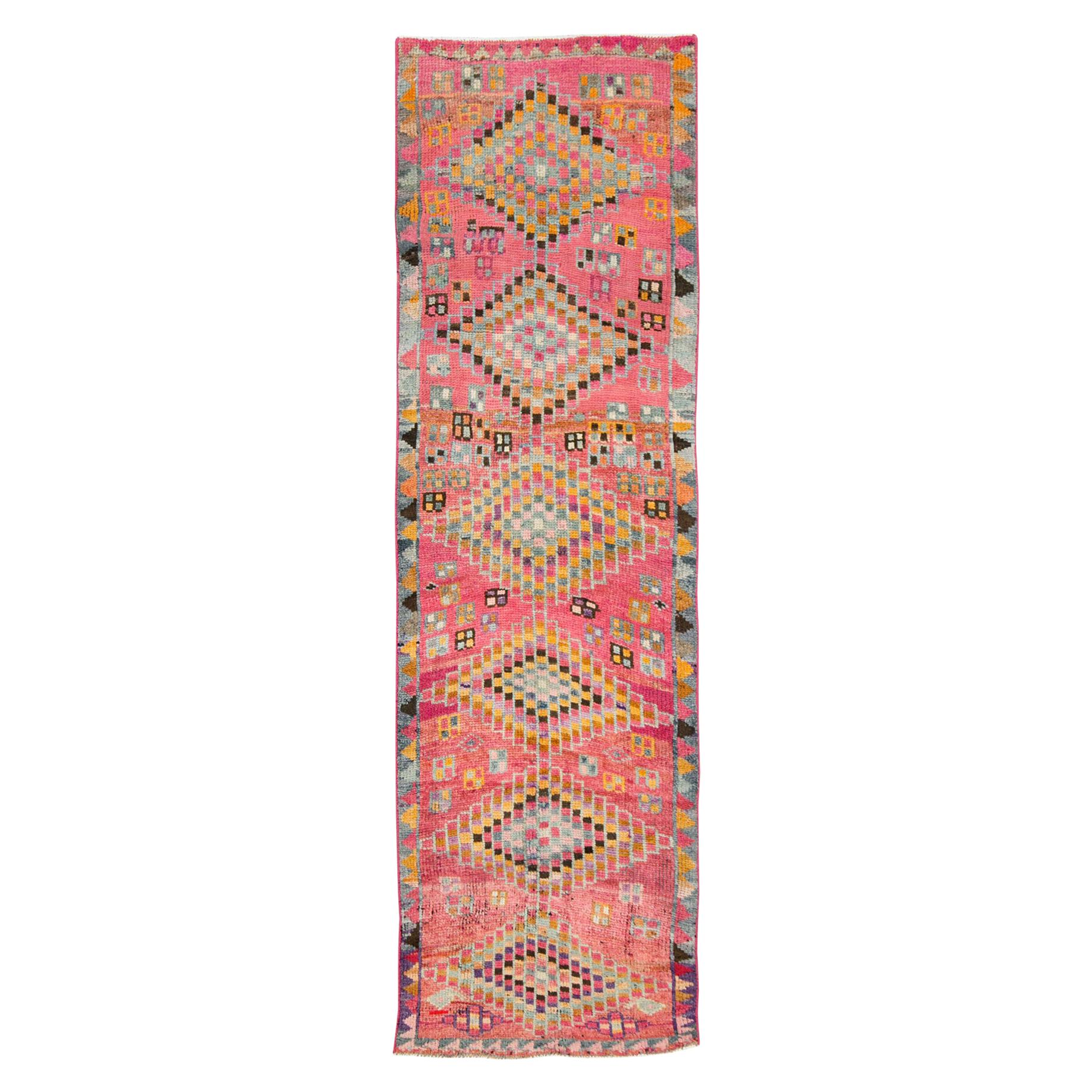 Midcentury Handmade Colorful Oushak Runner with Tribal Design For Sale