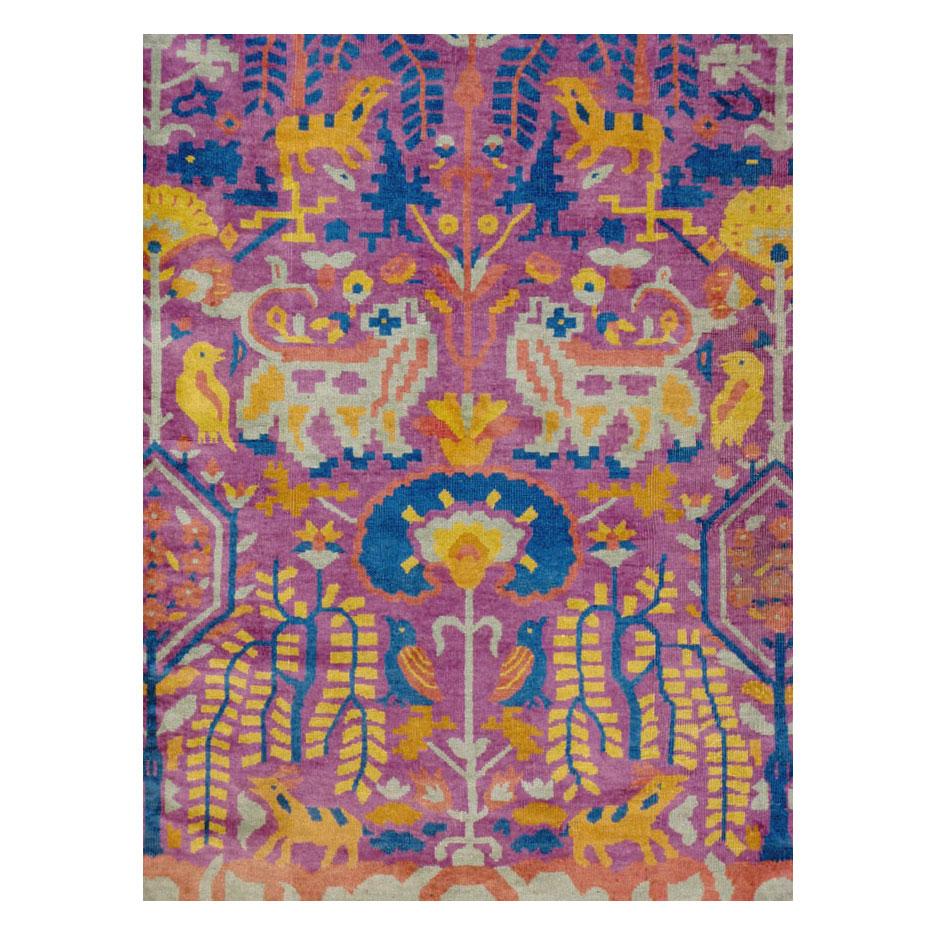 A vintage Indian Lahore pictorial large room size rug handmade during the mid-20th century. The eccentric and whimsical pictorial rug consists of lions, birds, tigers, and other animals among racemes and other geometric plants over a purple