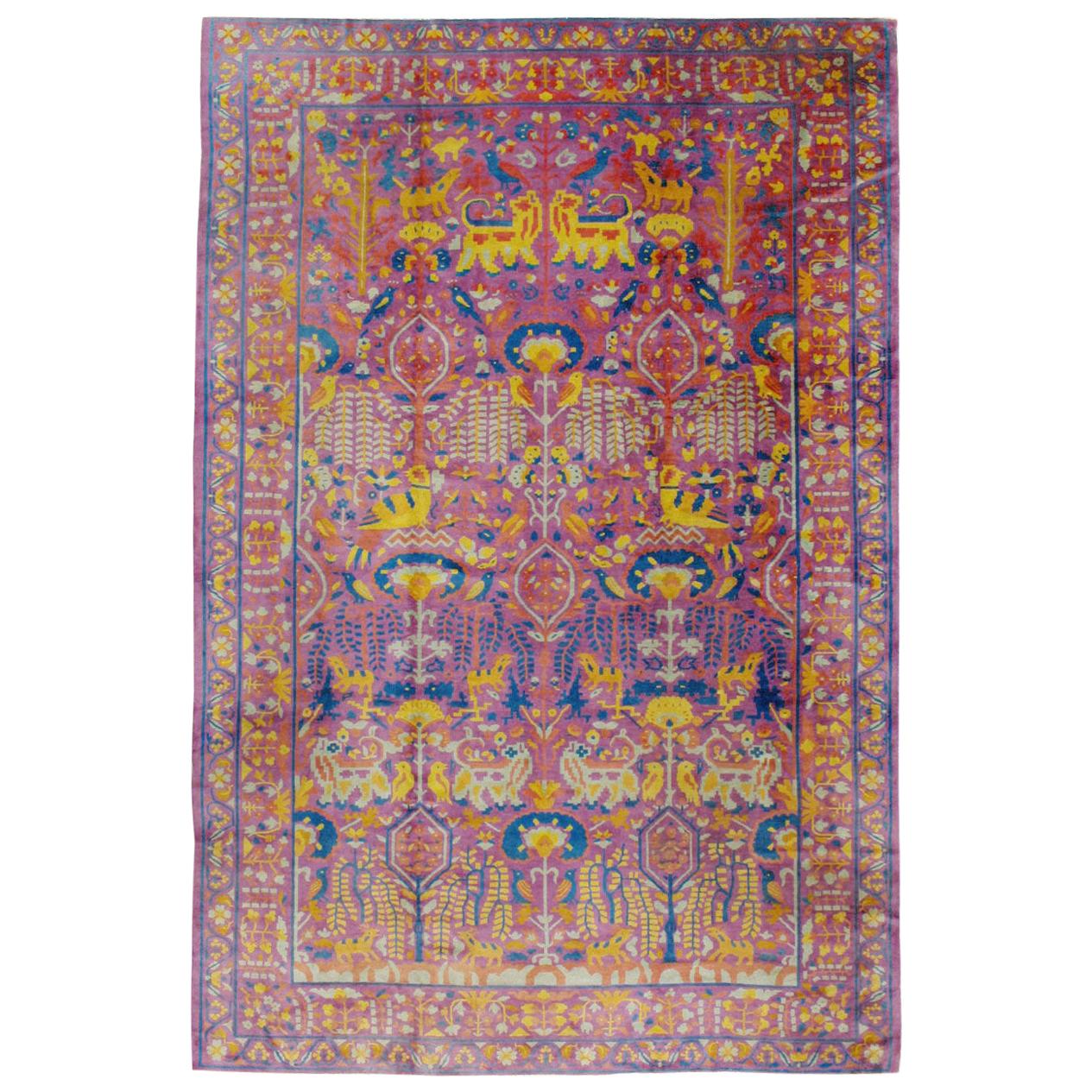 Midcentury Handmade Indian Whimsical Pictorial Large Room Size Rug For Sale