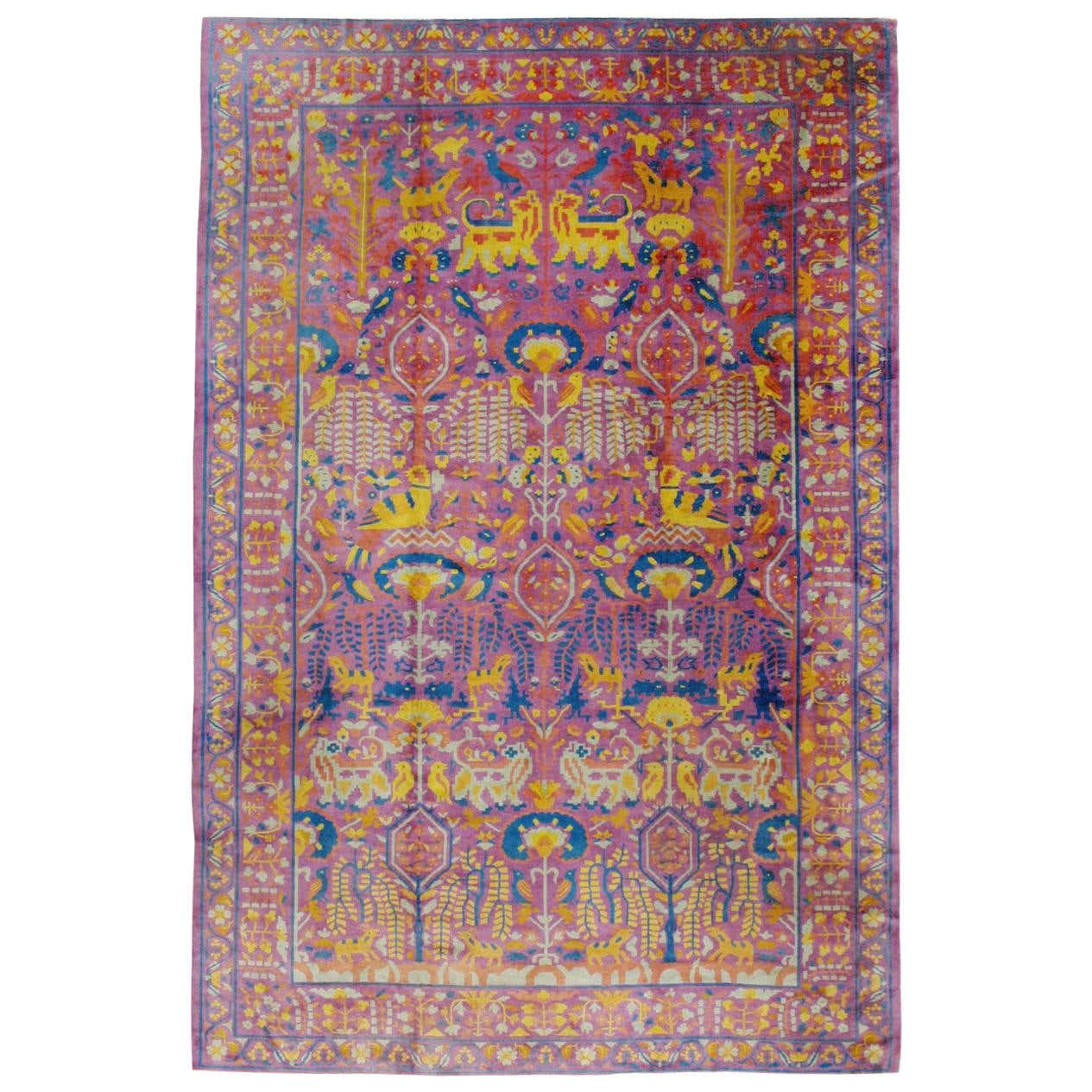 Midcentury Handmade Indian Whimsical Pictorial Large Room Size Rug For ...