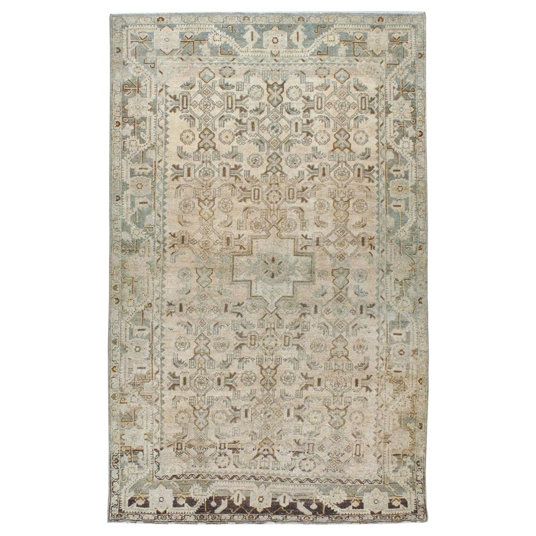 Midcentury Handmade Persian Accent Rug in Cream and Blue-Green