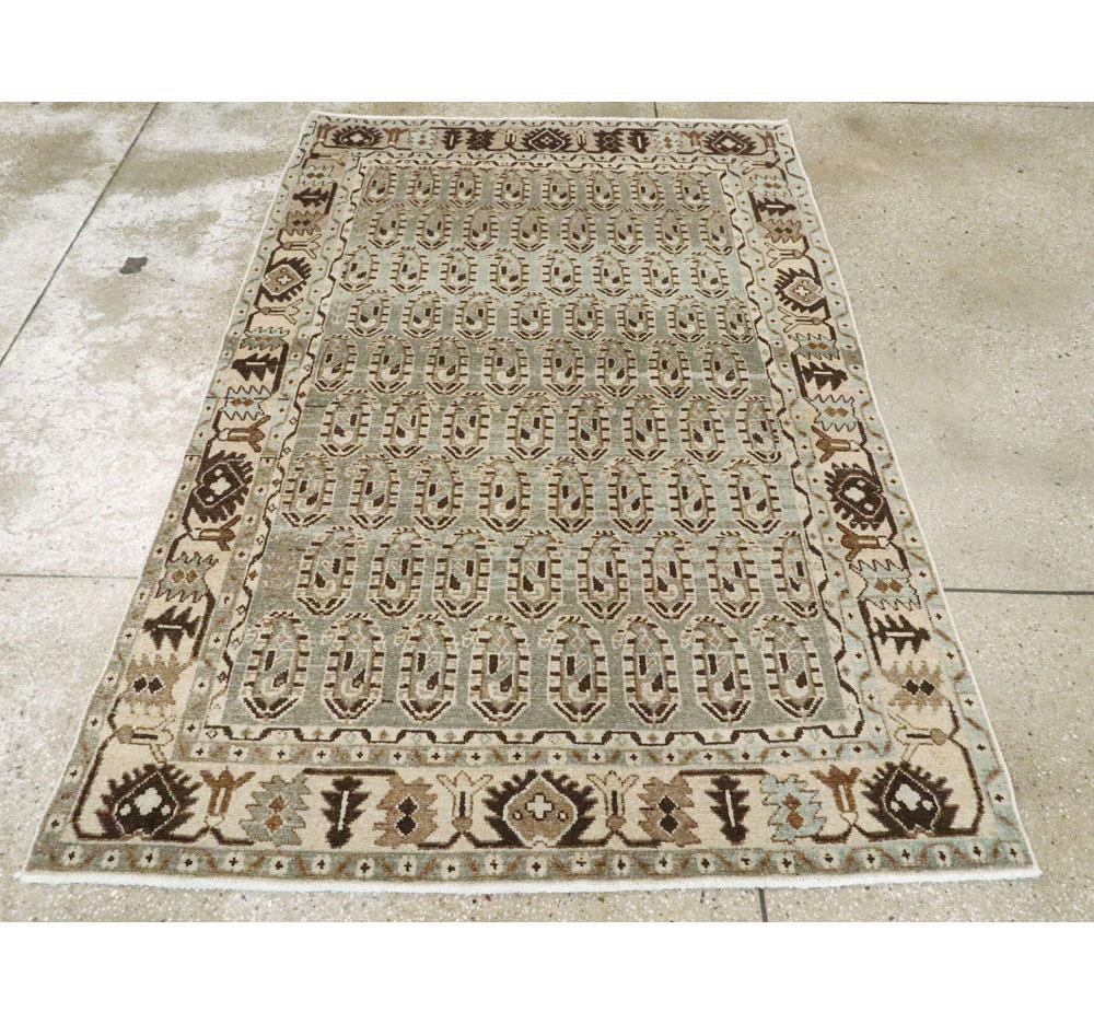 Hand-Knotted Midcentury Handmade Persian Accent Rug in Slate Blue, Beige, and Brown For Sale