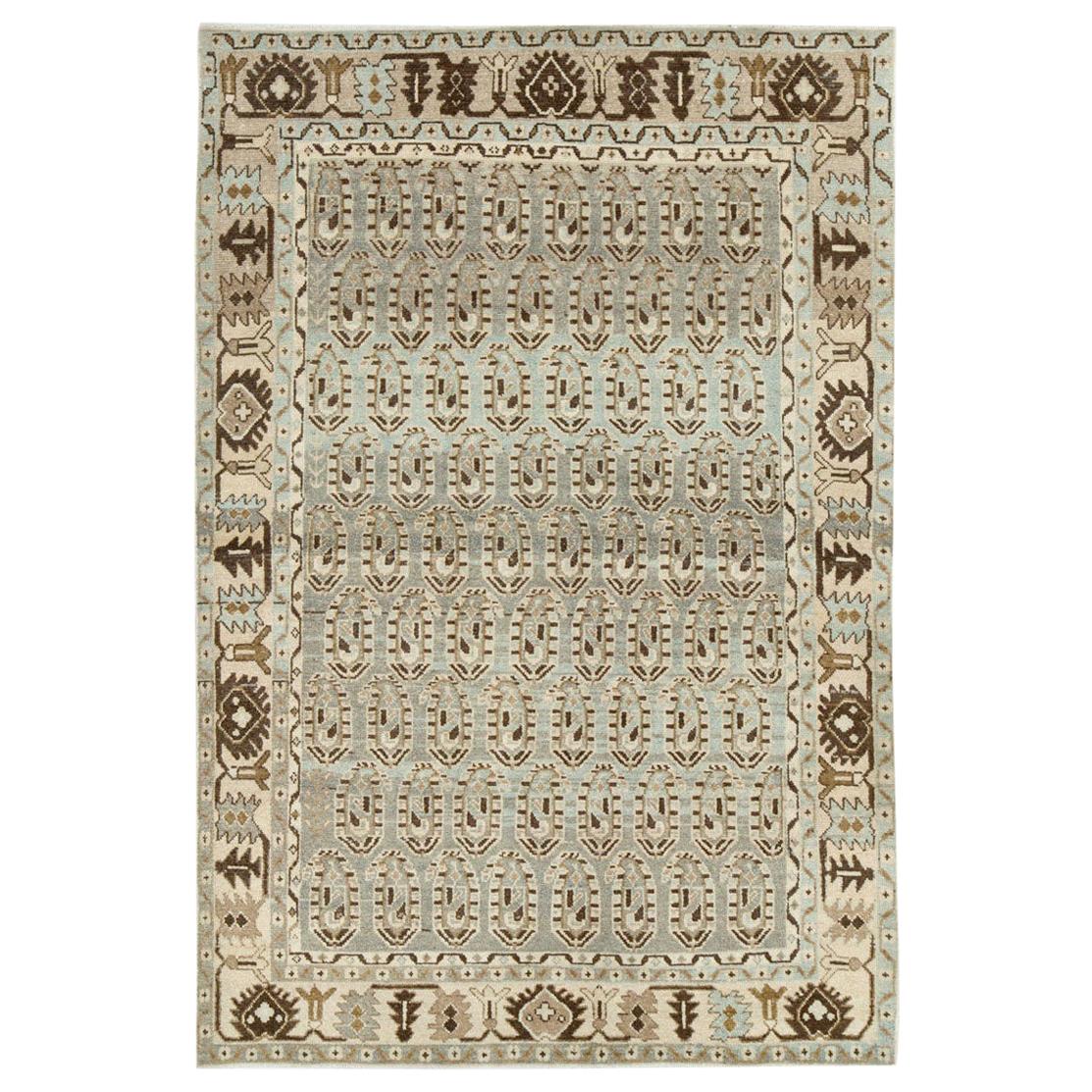 Midcentury Handmade Persian Accent Rug in Slate Blue, Beige, and Brown