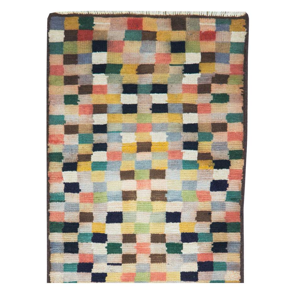 Modern Midcentury Handmade Persian Art Deco Style Multicolored Checkerboard Runner For Sale