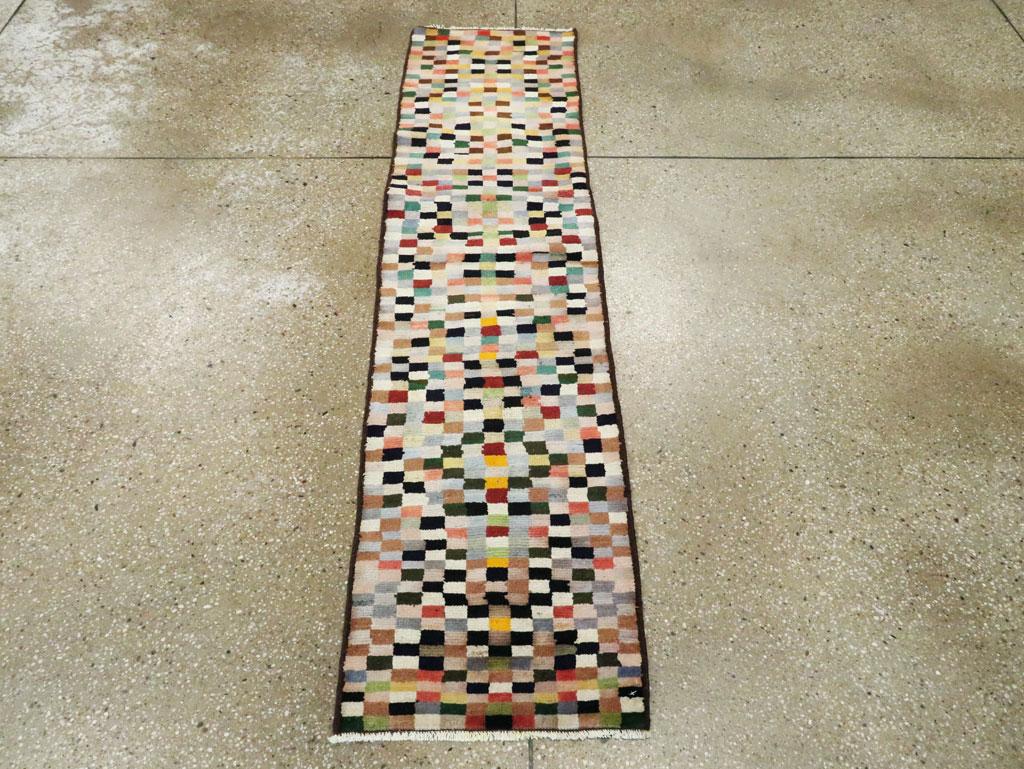 Hand-Knotted Midcentury Handmade Persian Art Deco Style Multicolored Checkerboard Runner For Sale