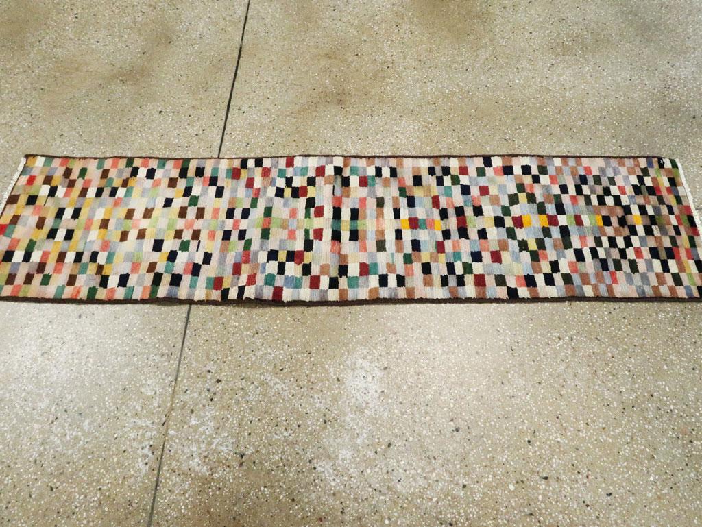 20th Century Midcentury Handmade Persian Art Deco Style Multicolored Checkerboard Runner For Sale