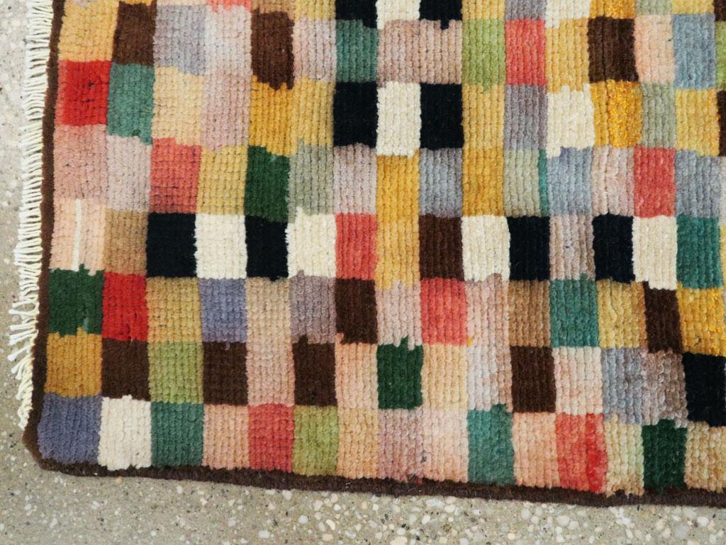 Wool Midcentury Handmade Persian Art Deco Style Multicolored Checkerboard Runner For Sale